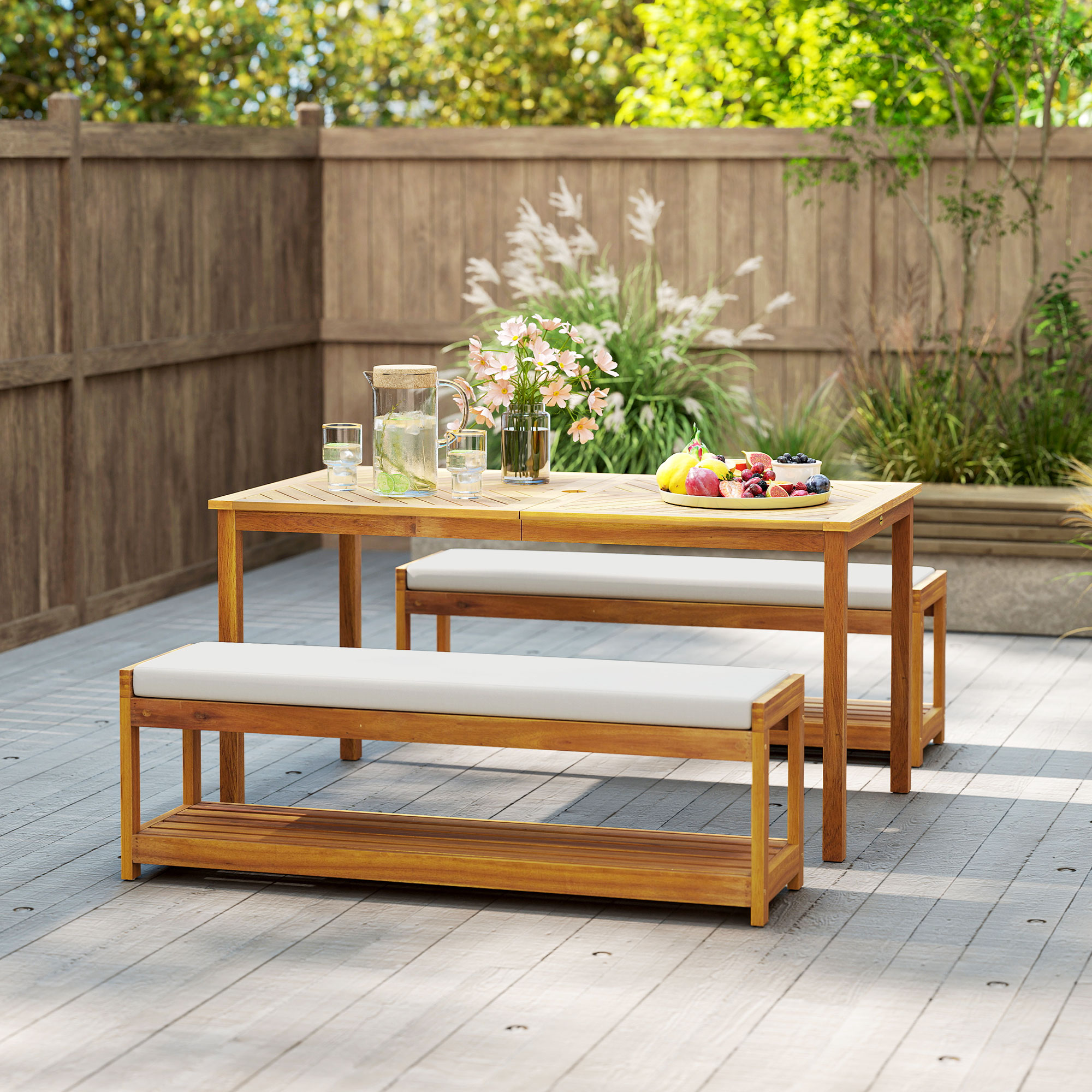3-delig Tuinmeubelset, Zitgroep incl. 1 Eettafel met Parasolgat, 2 Banken 150 x 85 x 75 cm Teak