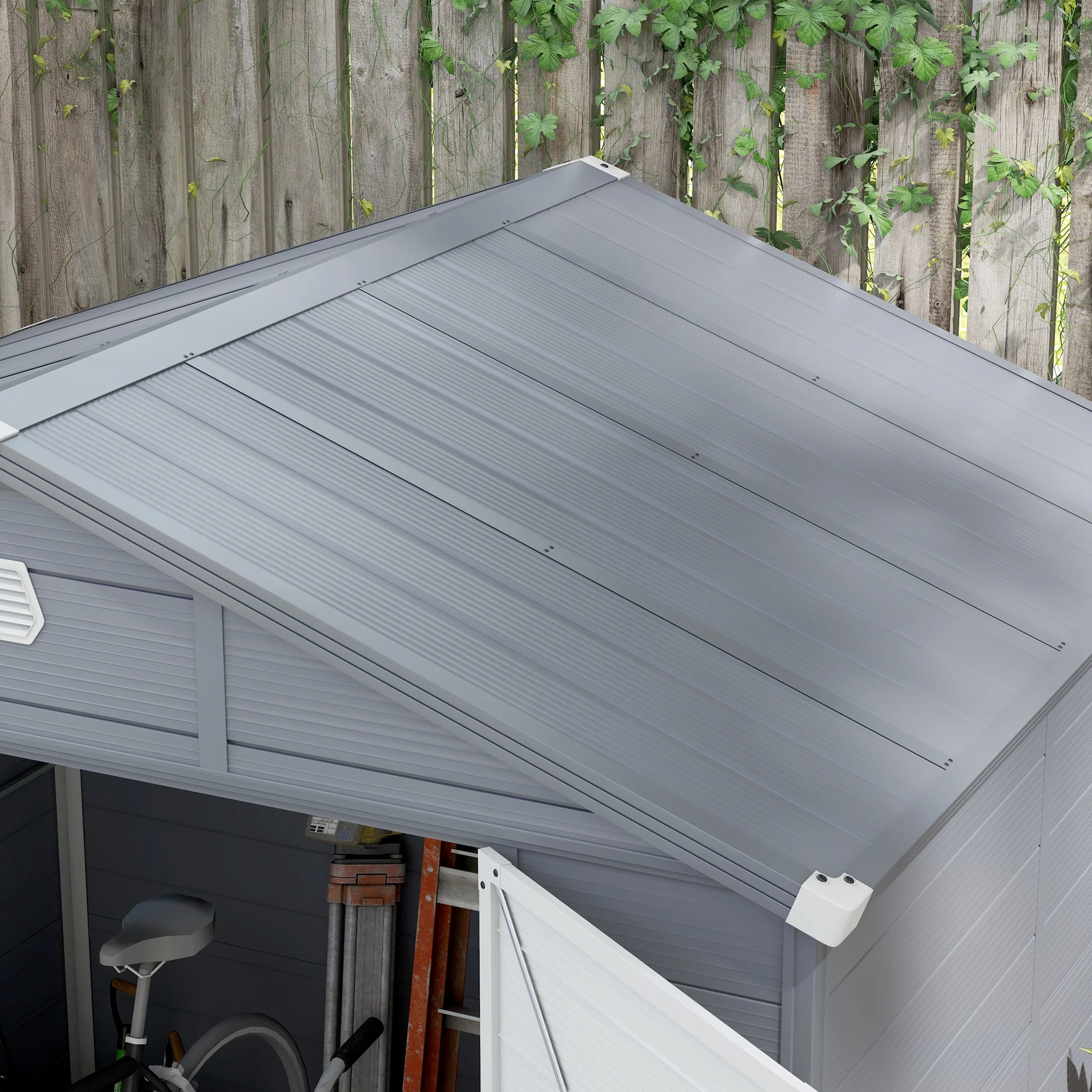 Outsunny Tuinhuis, Tuinschuur met Ventilatieraam, Kunststof, Metaal, 240 x 190 x 180/228, Grijs