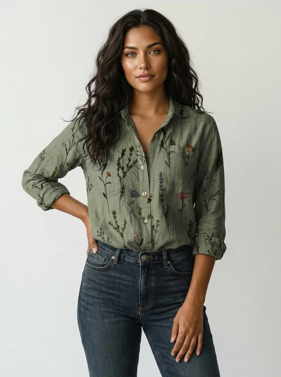 Damen Bluse mit botanischem Print | Leichtes Sommerhemd mit Knopfleiste | Luftiges Oberteil f��r Freizeit und den Urlaub