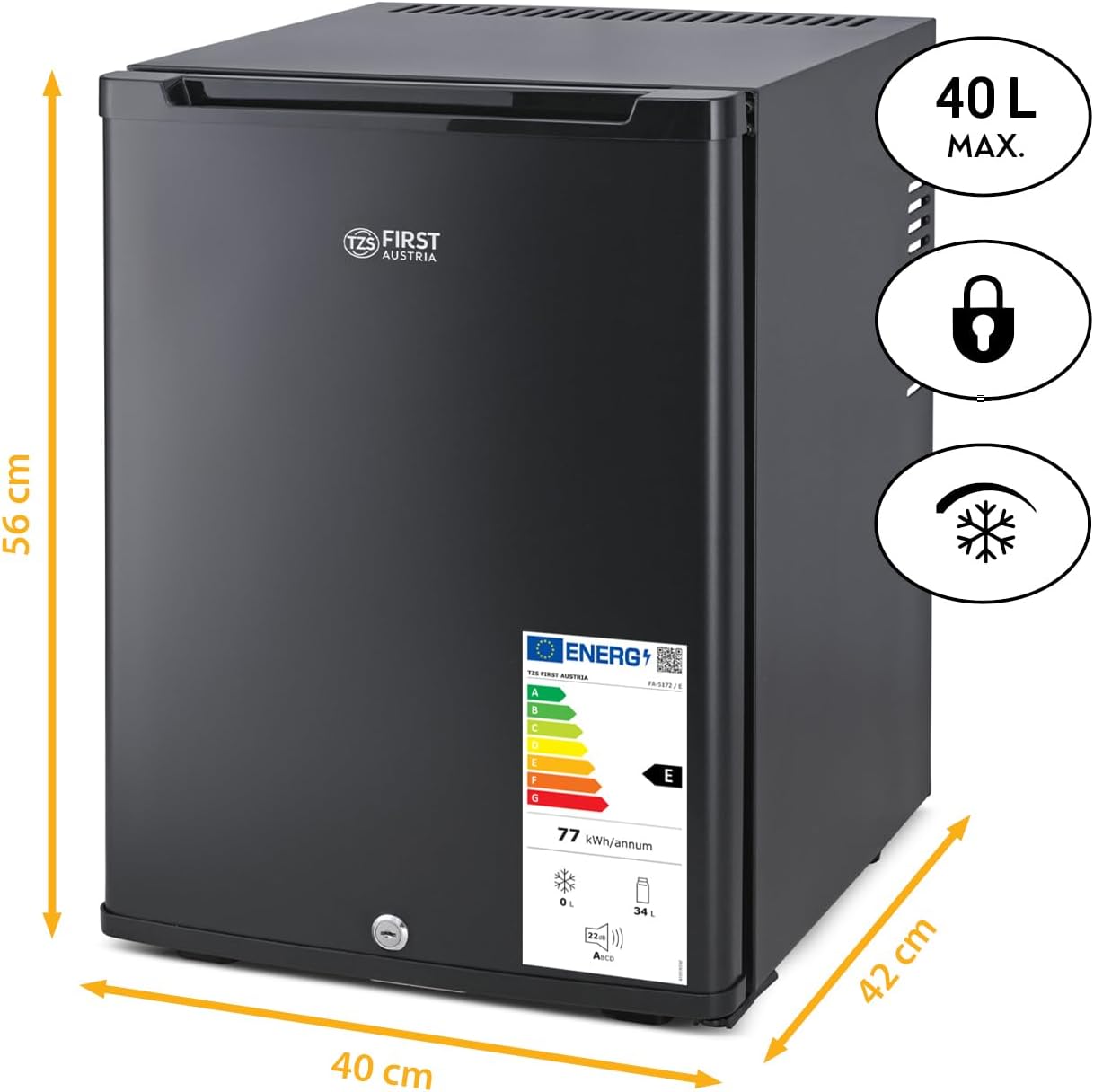 TZS First Austria - Mini réfrigérateur 40L silencieux avec serrure - Petit mini-frigo avec porte réversible et lumière intérieure - Minibar pour camping, bureau, chambre & hôtel - Noir mat