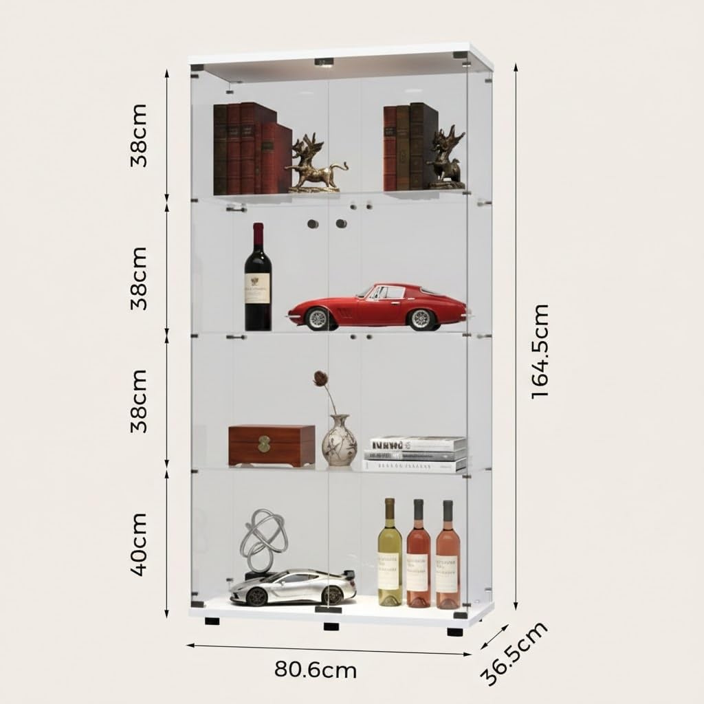 Vitrina de cristal, 164,5 cm, 2 puertas, 4 capas, vitrina de pie, armario de colección, armario alto para salón, dormitorio, oficina (2 puertas, 4 capas, blanco)