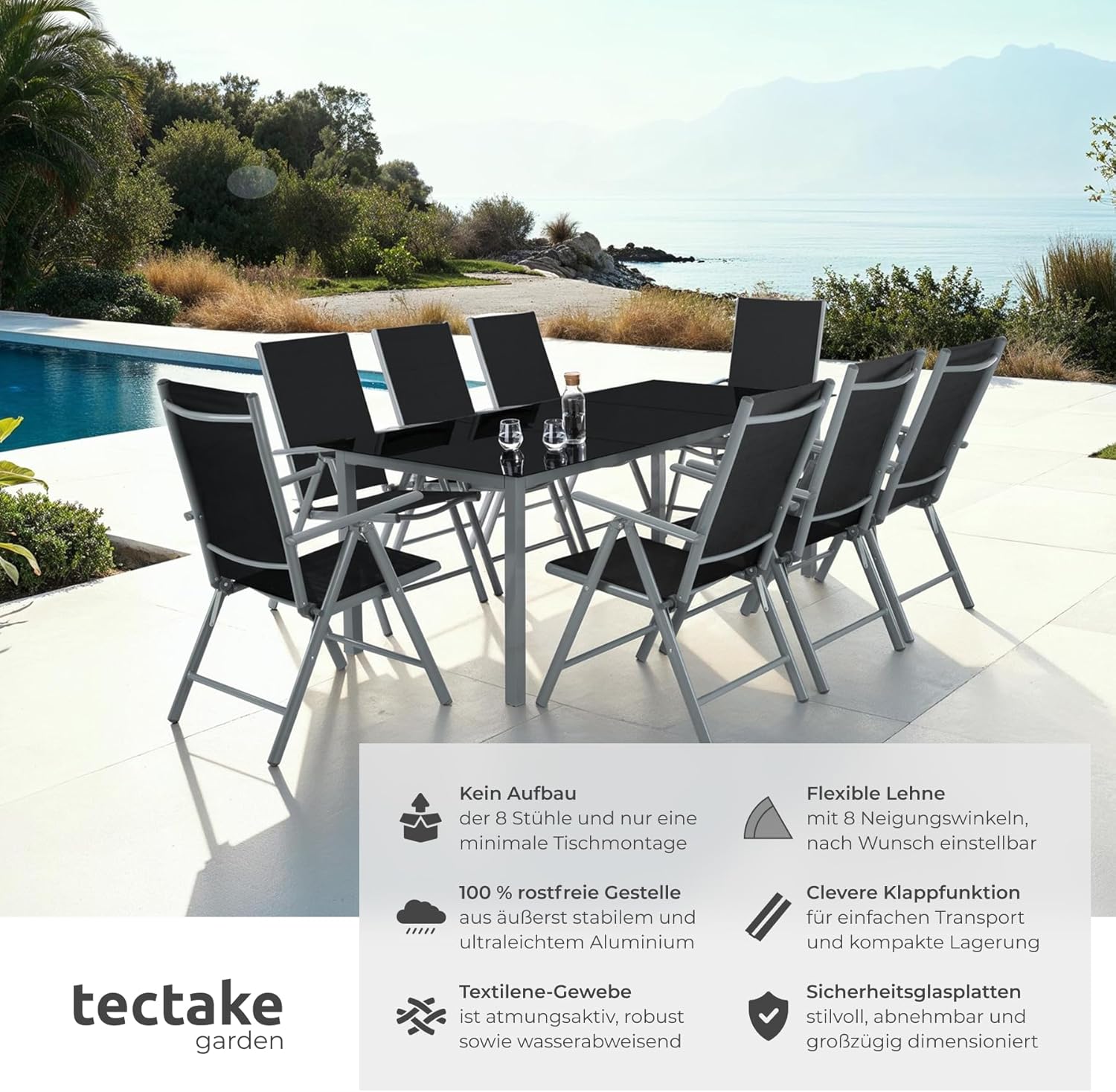tectake® Aluminium Sitzgruppe 8+1, Gartenmöbel Set mit Stuhl und Tisch, klappbare Gartenstühle, Gartentisch mit Sicherheitsglas, wetterfeste Terrassenmöbel, für Garten Terrasse Balkon - anthrazit