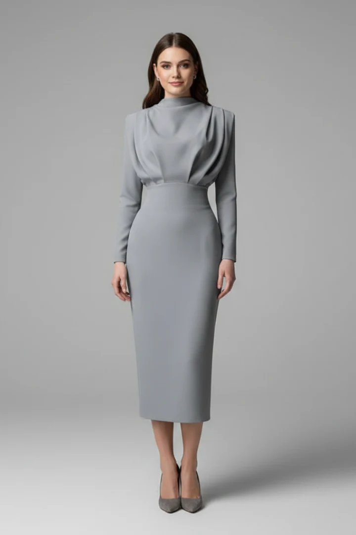 Damenkleid mit hohem Ausschnitt und langen ?rmeln