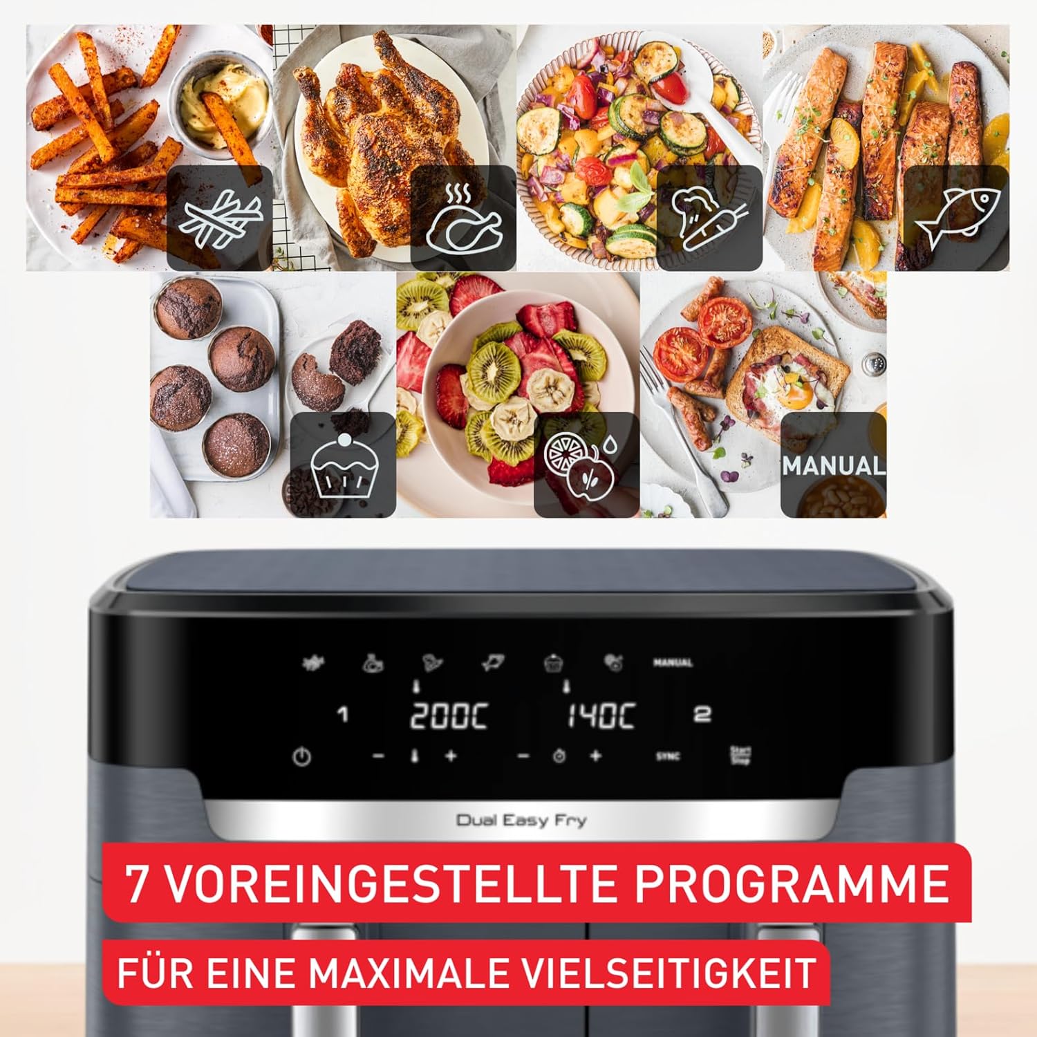 Tefal Dual Easy Fry Heißluftfritteuse Doppelkammer, 5,2/3,1 L Fassungsvermögen, zwei unabhängige Schubladen, 7 automatische Programme, energiesparend, schwarz, EY9018