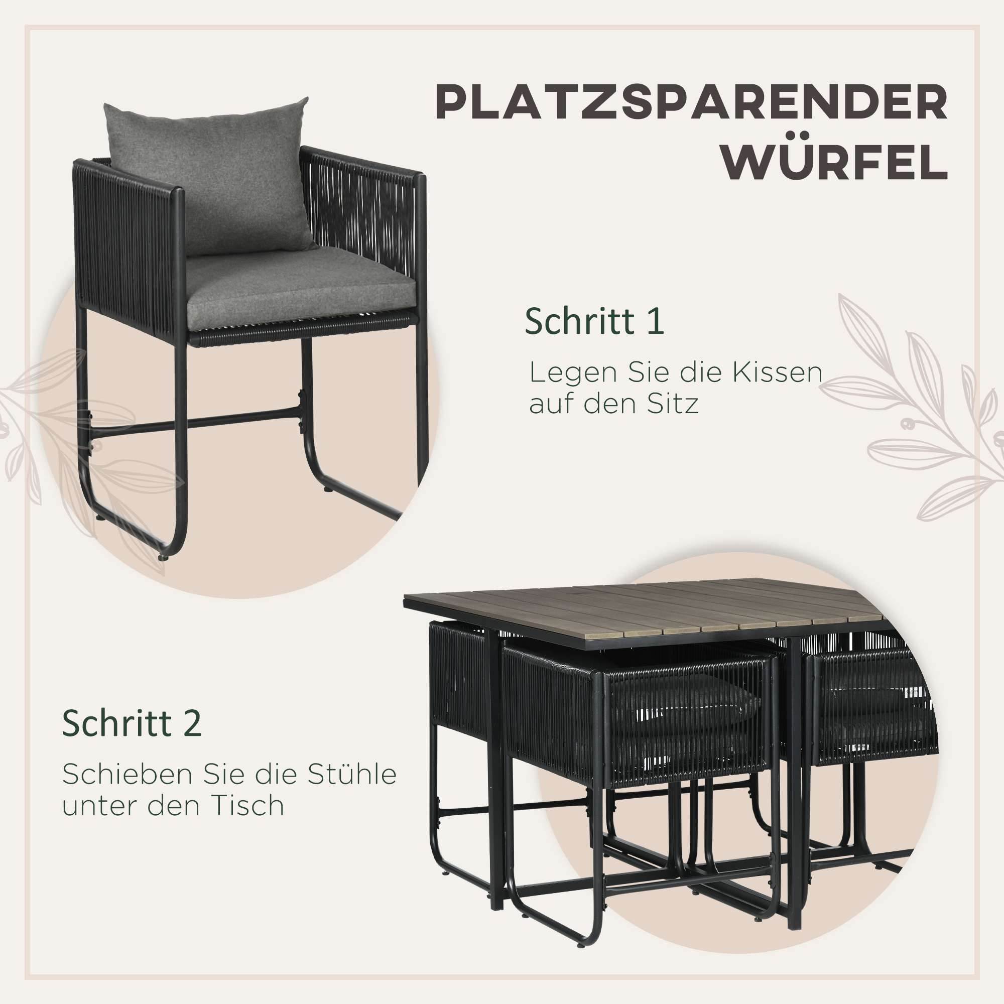 5-delige tuinset, polyrattan, inclusief zitkussens, weerbestendig, zwart/grijs