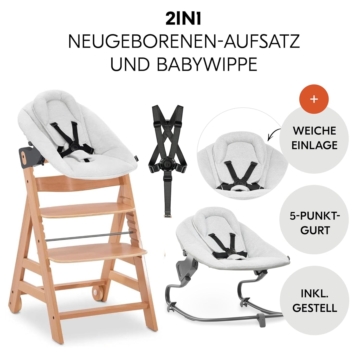 hauck Hochstuhl Beta+ Newborn Set Premium Dark Grey - Babyhochstuhl Set ab Geburt mit Neugeborenen Aufsatz Bouncer, Sitzpolster und Essbrett - Dark Grey