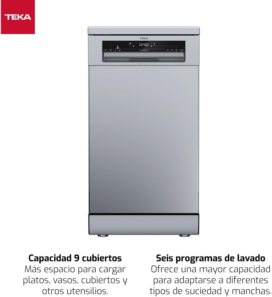 Teka Lavavajillas Libre Instalación 45 cm con Display LED, 9 Cubiertos, 6 Programas de Lavado, Acero Inoxidable, DFS 24650 SS