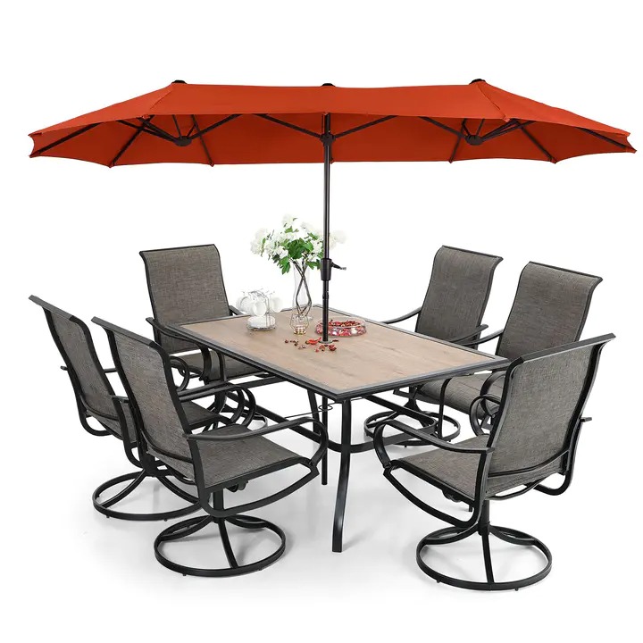 2025 8 Pieces Patio Dining Set with Umbrella,Outdoor Furniture Set with 6 Sling Dining Swivel Chairs