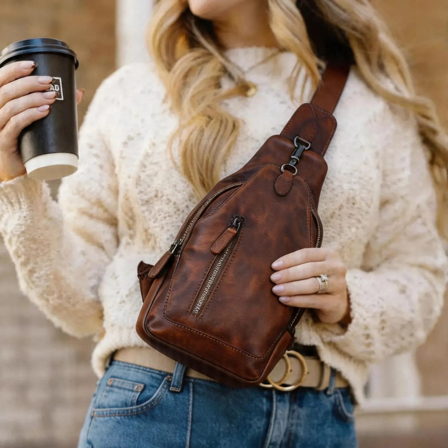 Coffee Leather Crossbody Sling Bag