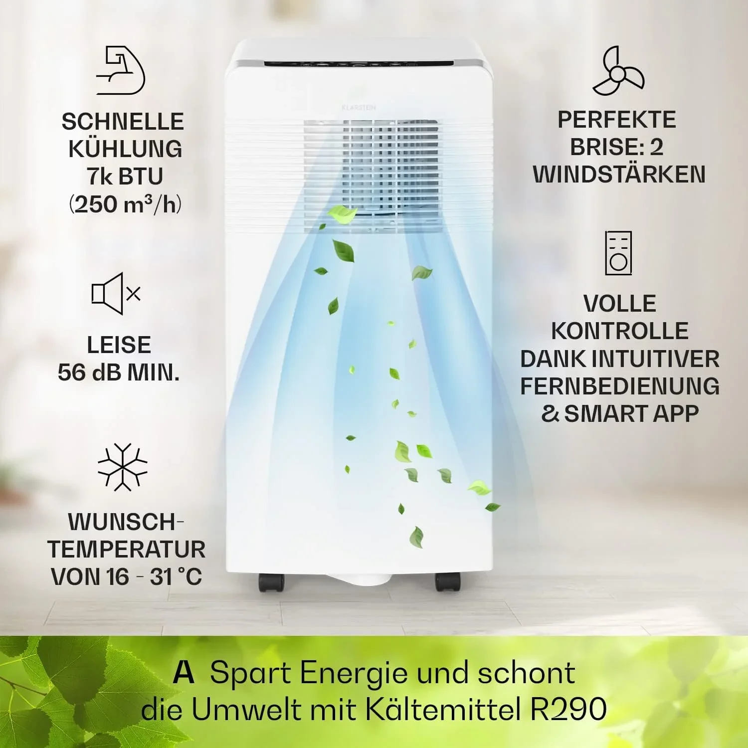 Klarstein Mobile Klimaanlage mit Abluftschlauch, 3-in-1 Klimager?t mit Ventilator, Luftentfeuchter & Nachtmodus, Kleine & Portable Klimaanlage f��r Wohnung & B��ro, 12000 BTU Niedrig Verbrauch