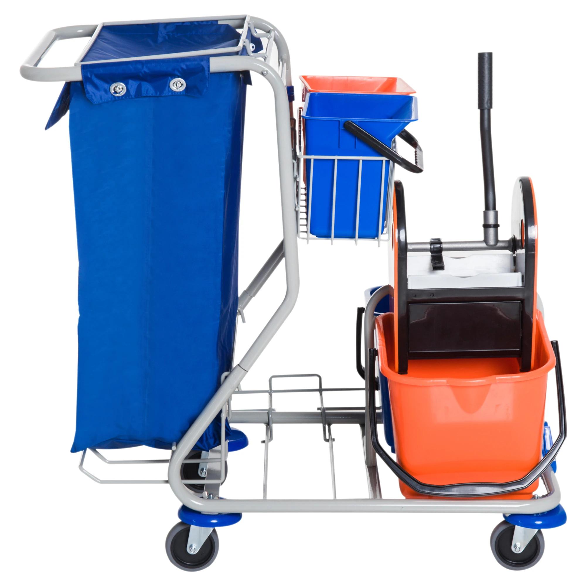 Schoonmaakwagen schoonmaaktrolley met wielen 4 verrijdbare emmers, dweilwagen, blauwe systeemwagen