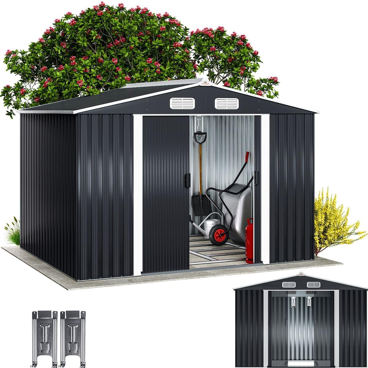 GARDEBRUK® XXL Metall Gerätehaus 5m² mit Fundament 257x205x178cm Schiebetür Anthrazit Geräteschuppen Gartenhaus 9m³