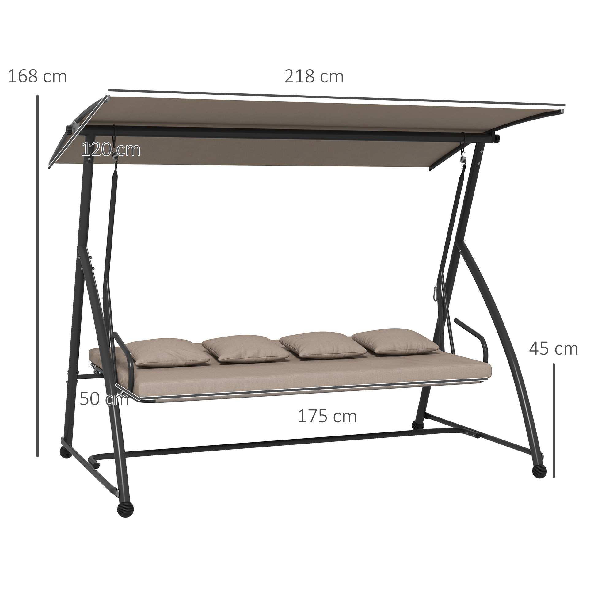 2-in-1 Hollywood schommel met Ligfunctie, 3-zits Tuinschommel van Staal 170x110x153cm, Lichtbruin