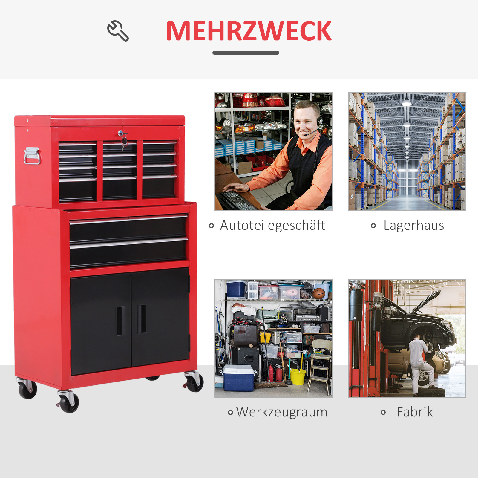 Gereedschapskast met Gereedschapskist, Op Wielen, 6 Laden, Metaal, Rood