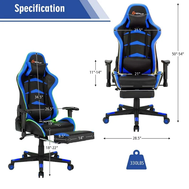 Led Massage Gaming Chair Height Adjustable Racing Computer Office Chair With Footrest Ergonomic High Back Pu Swivel Game Chair - Comfortable And Ergonomic Design