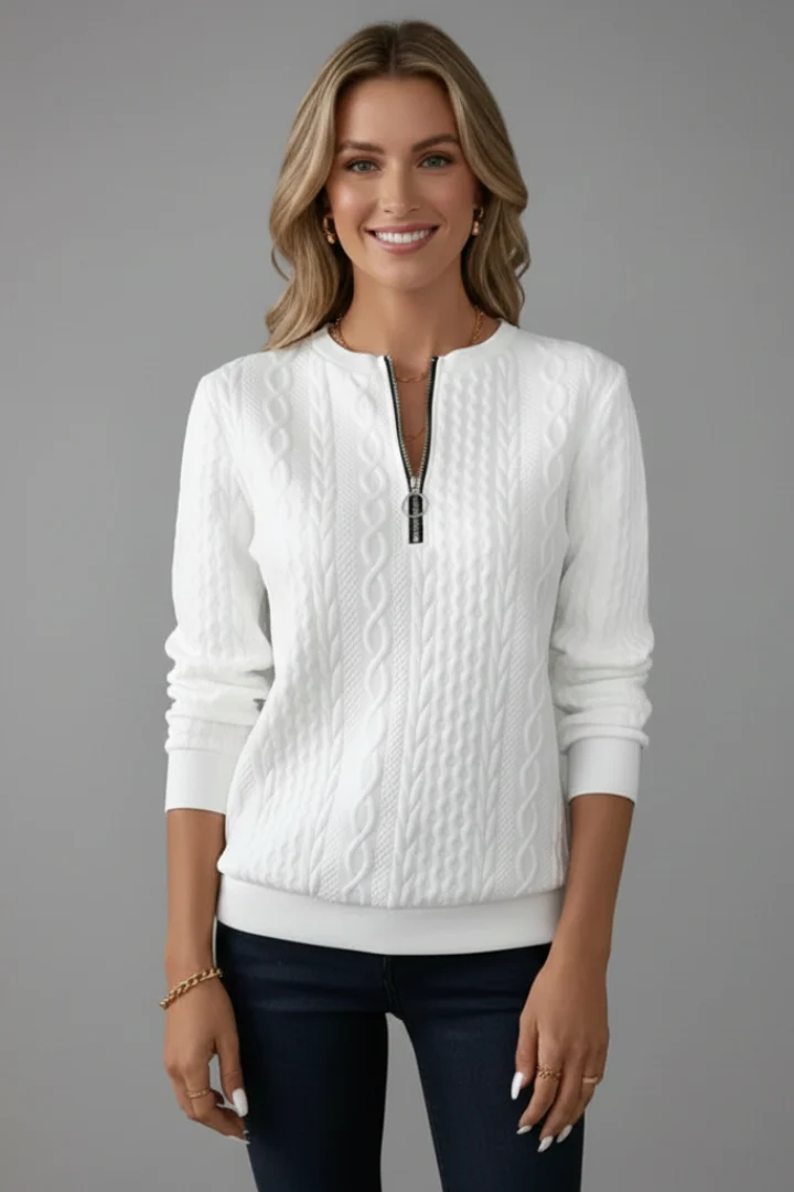 Damen Strickpullover mit Zopfmuster und Rei?verschluss am Kragen | Klassischer Troyer Pullover mit geradem Saum