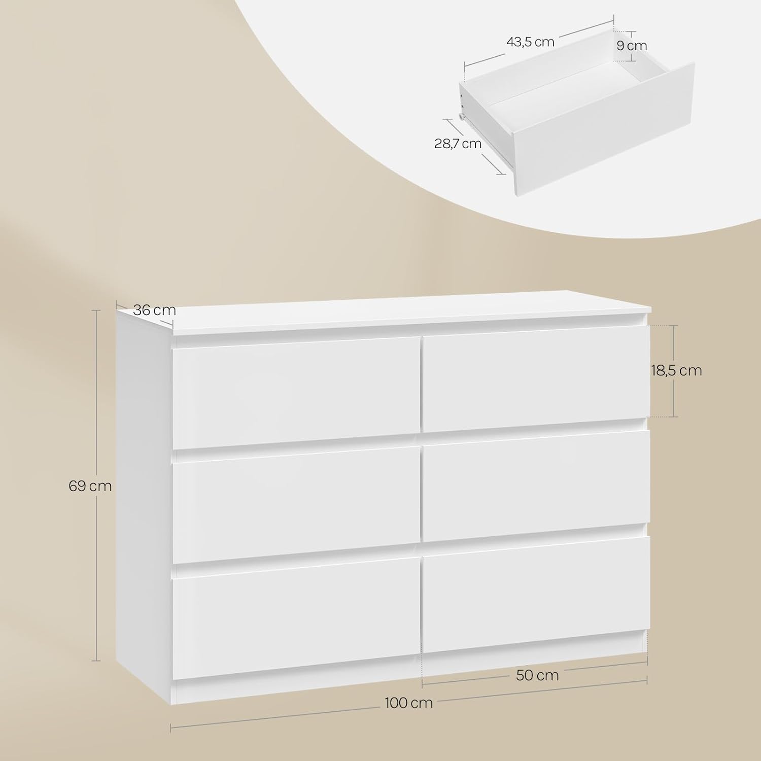 WOLTU Kommode mit 6 Schubladen, Moderner Schubladenschrank für Wohnzimmer, Schlafzimmer oder Flur, aus Holzwerkstoff, 100x69x36 cm, Weiß, KMD007ws