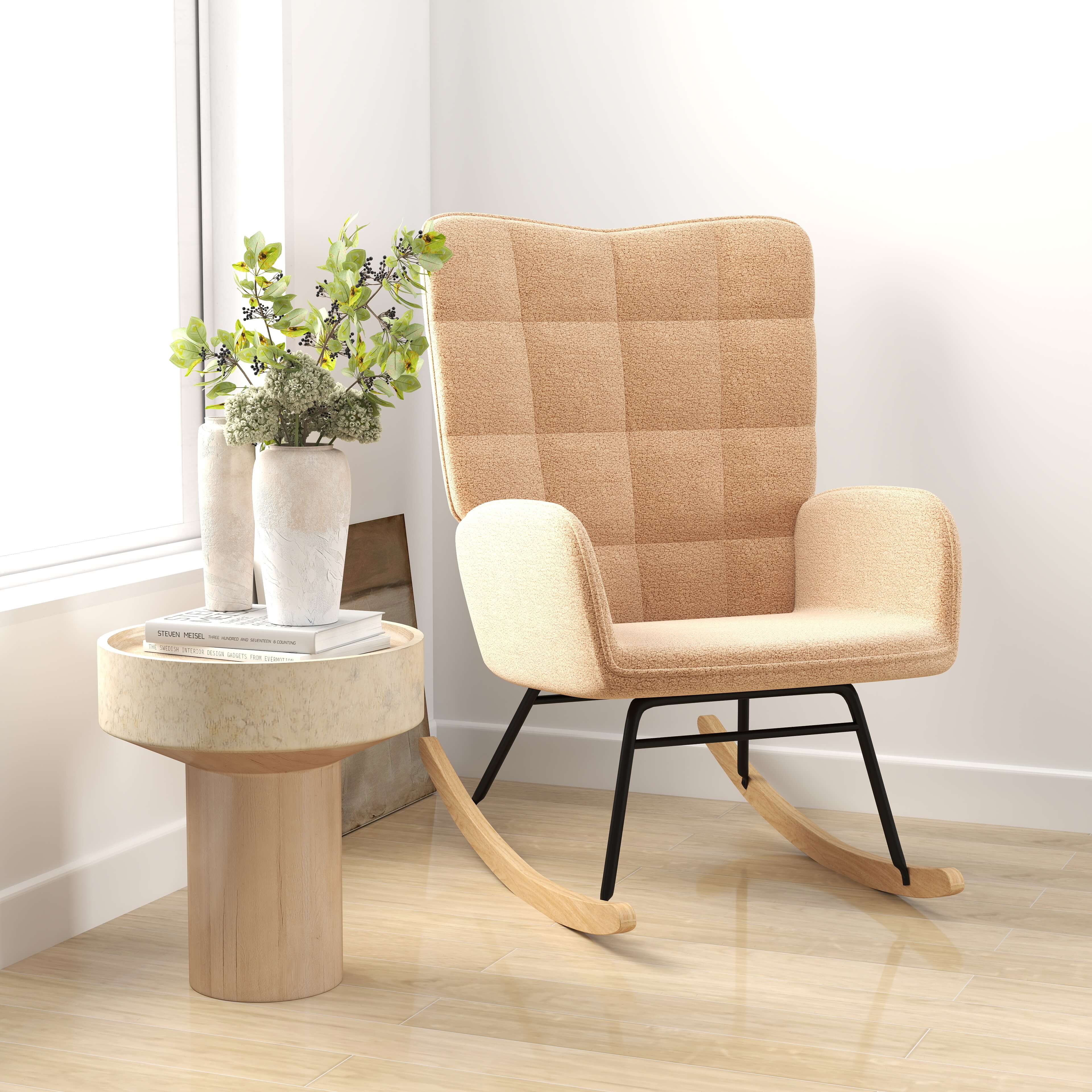 Schommelstoel in Retro-Design, Massief Hout, Stoel, Relaxstoel, 92 cm x 71 cm x 101 cm, Bruin