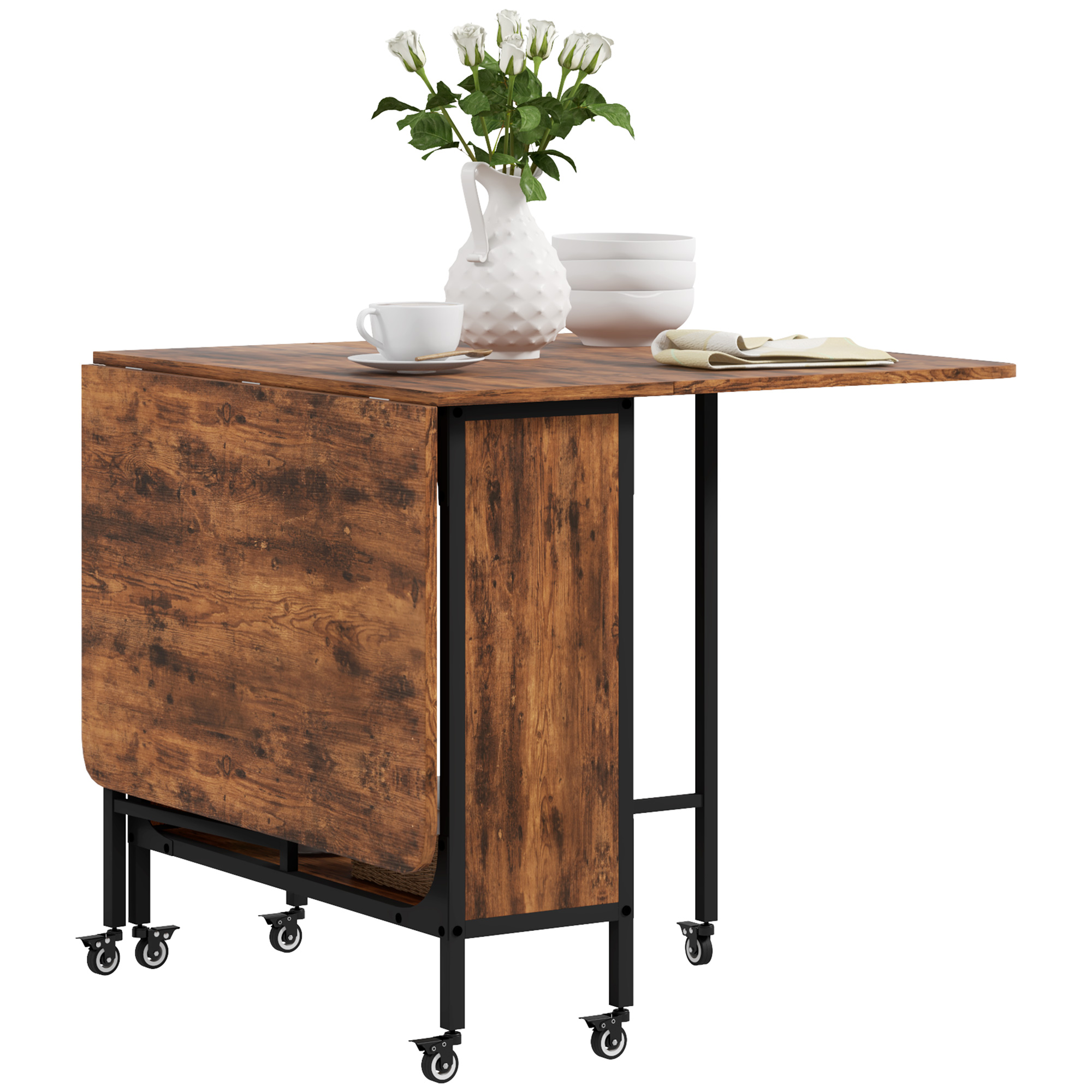 Opklapbare Eettafel, Mobiele Klaptafel voor 6 Personen met Opbergruimte, Draagvermogen tot 50 kg, 130 x 80 x 74 cm, Rustiek-Bruin