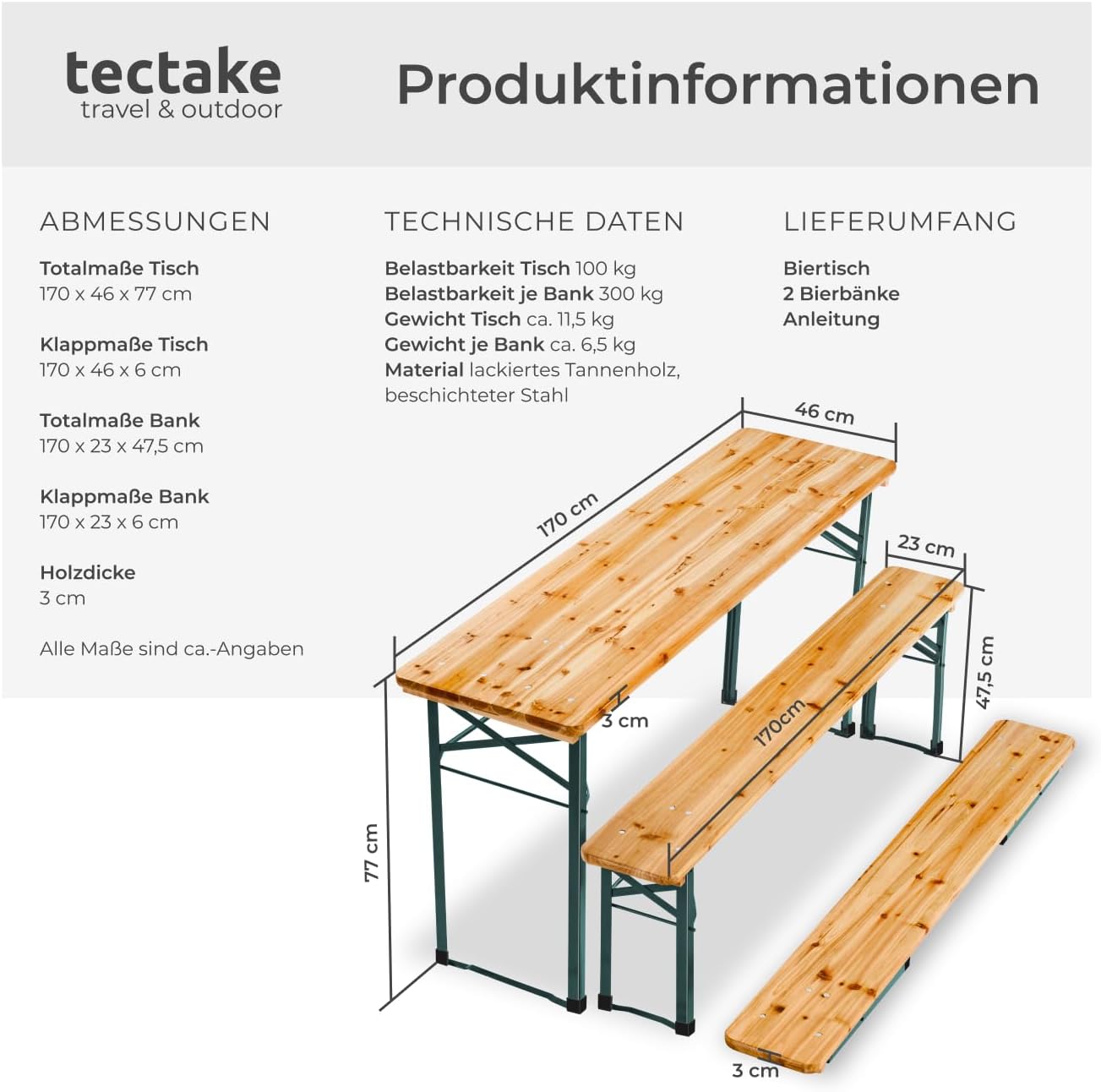 tectake® Bierzeltgarnitur klappbar, Biertisch Klapptisch mit 2X Bierbank, Gartenmöbel Set, Camping Zubehör, Klapptisch Esstisch, Camping Tisch faltbar, Balkontisch, Campingtisch klappbar