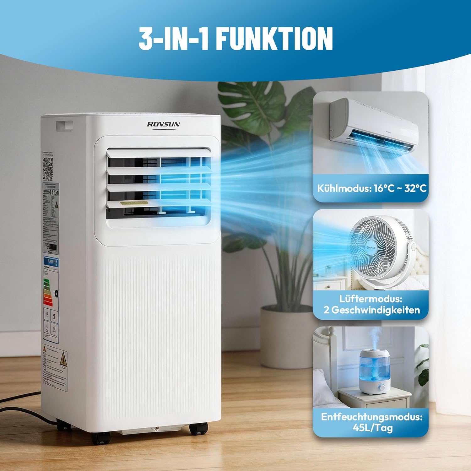 ROVSUN 3 in 1 Klimaanlage Mobil 9000 BTU mit Abluftschlauch, Moiles Klimagerät Mini Klimaanlage mit LED-Display & Fernbedienung & APP, 24H-Timer (9000, BTU)