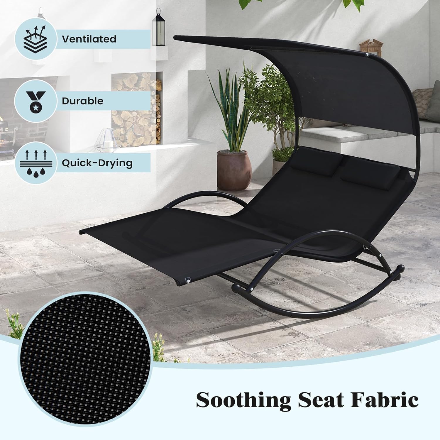 GIANTEX Sonnenliege, Doppel-Schaukelstuhl mit Dach & Kopfkissen, Outdoor Doppelliege Gartenliege, Relaxliege für 2 Personen, maximale Belastung 300kg (Schwarz)