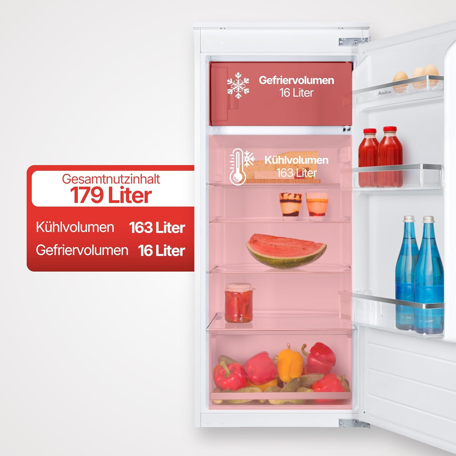 Amica Einbau Kühlschrank mit Gefrierfach 122 cm Nische Schlepptür Technik Inverter Motor elektronische Steuerung LED Beleuchtung Tür Offen Alarm