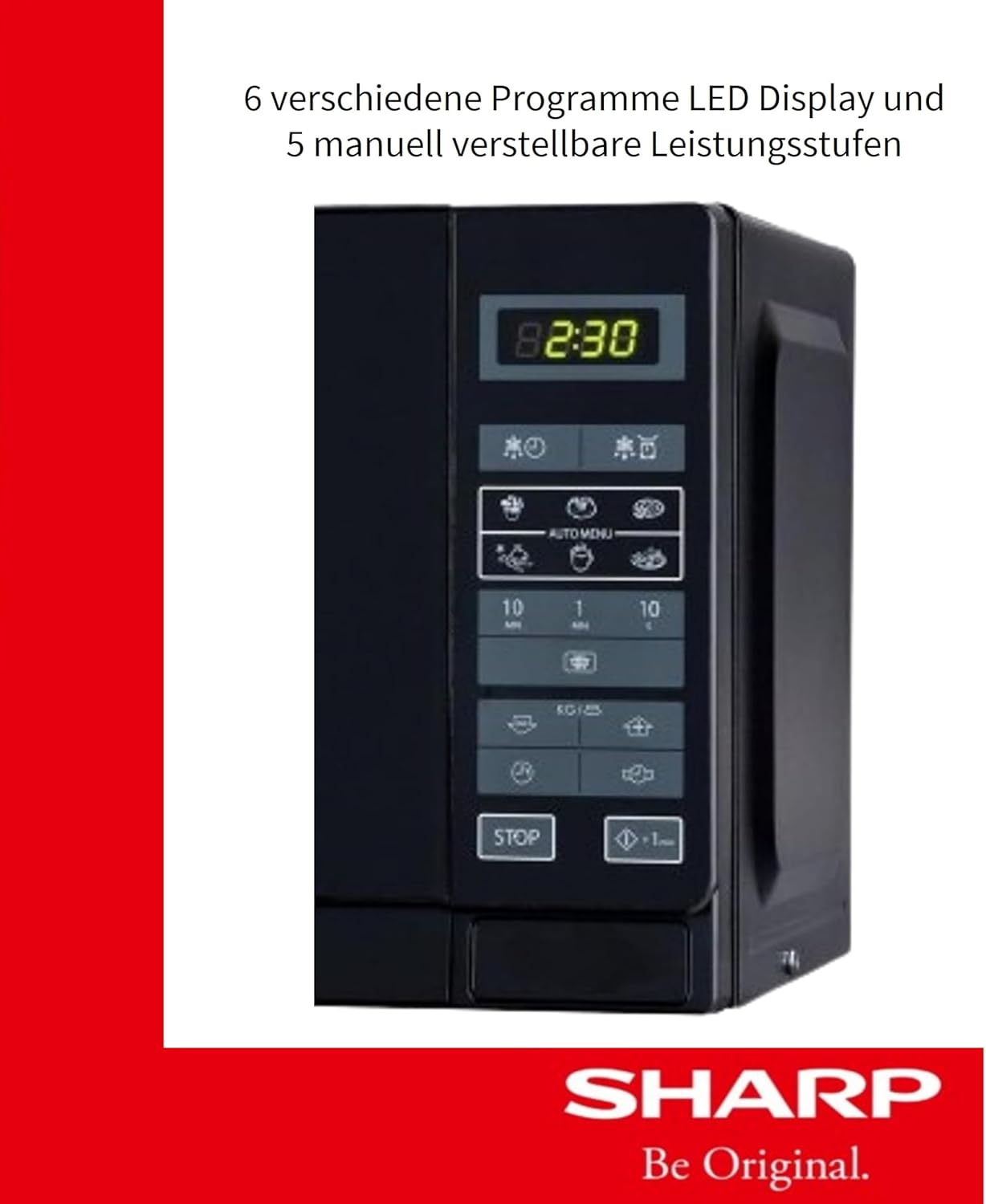 Sharp R242BKW Solo-Mikrowelle / 20 L / 800 W / 5 Leistungsstufen / 8 Automatikprogramme / Gewicht und zeitgesteuerte Auftauen / Kindersicherung / Energiesparmodus / Glasdrehteller (25,5 cm) / schwarz