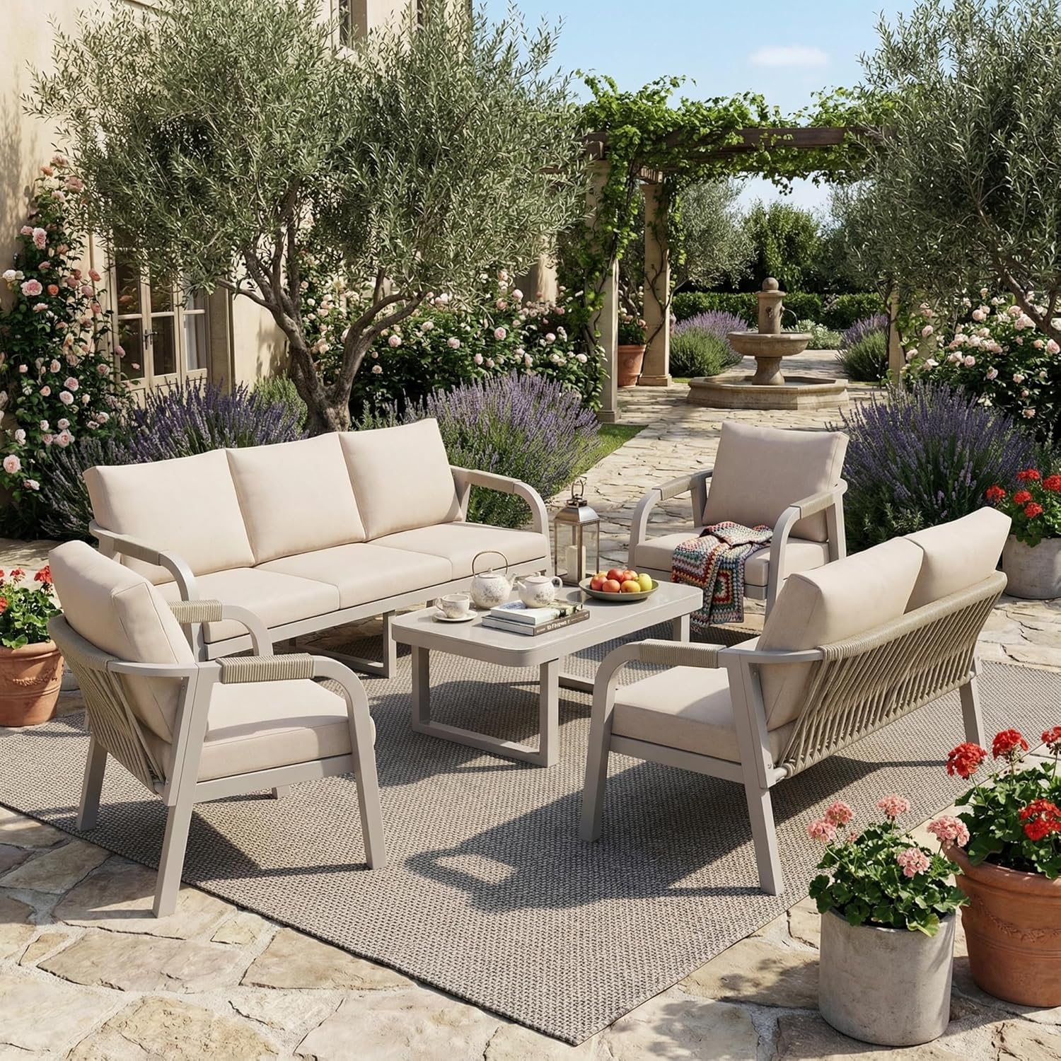 Gartenmöbel Set Lounge Möbel Outdoor für 7 Personen, Terrassenmöbel Balkon Möbel Set mit Gartensofa und Couchtisch, Sitzgruppe Outdoor Gartenlounge Set mit Sitzkissen, Verzinktem Eisen, Beige