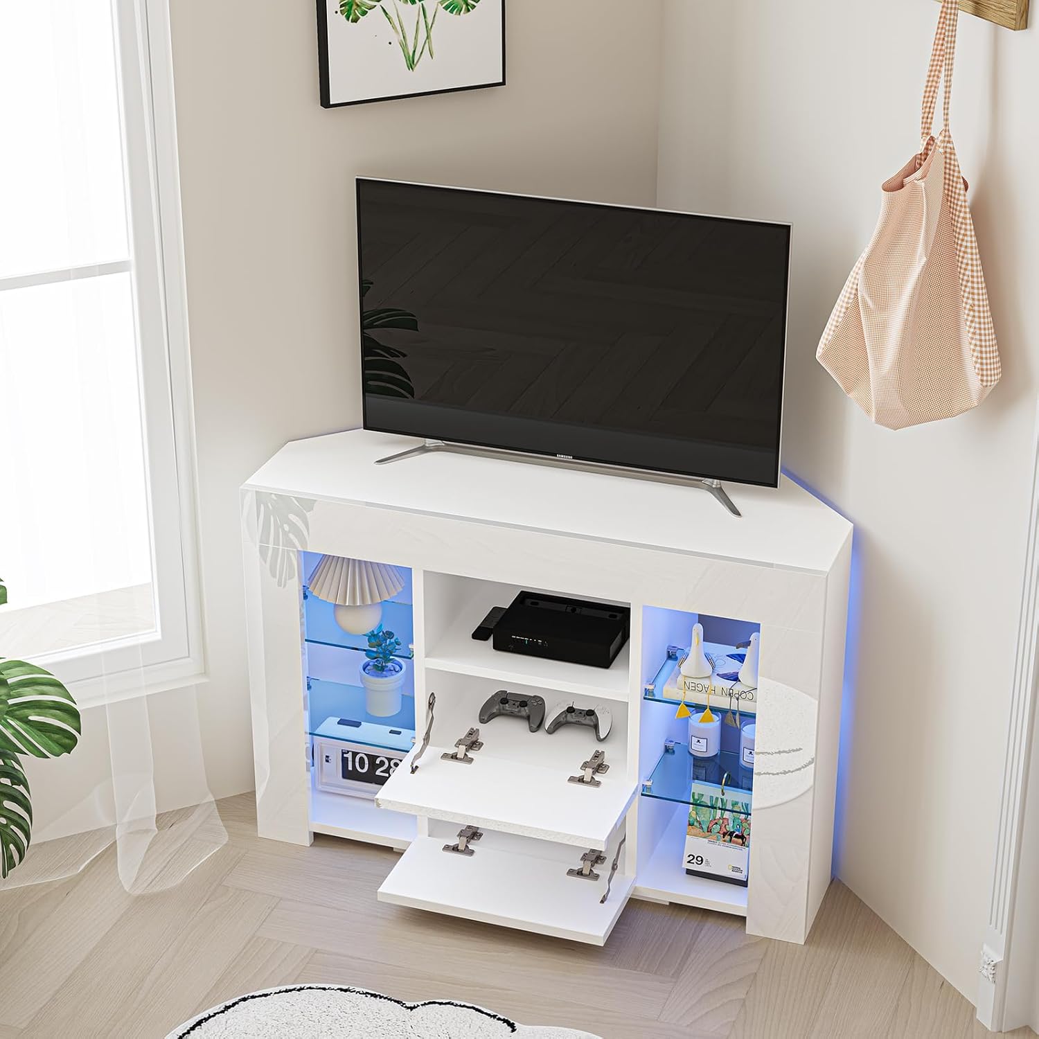 Dripex TV Lowboard Eckschrank mit LED Beleuchtung Weiß Hochglanz Fernsehschrank Eckkommode Fernsehtisch TV Schrank 100x68x40 cm (Weiß)