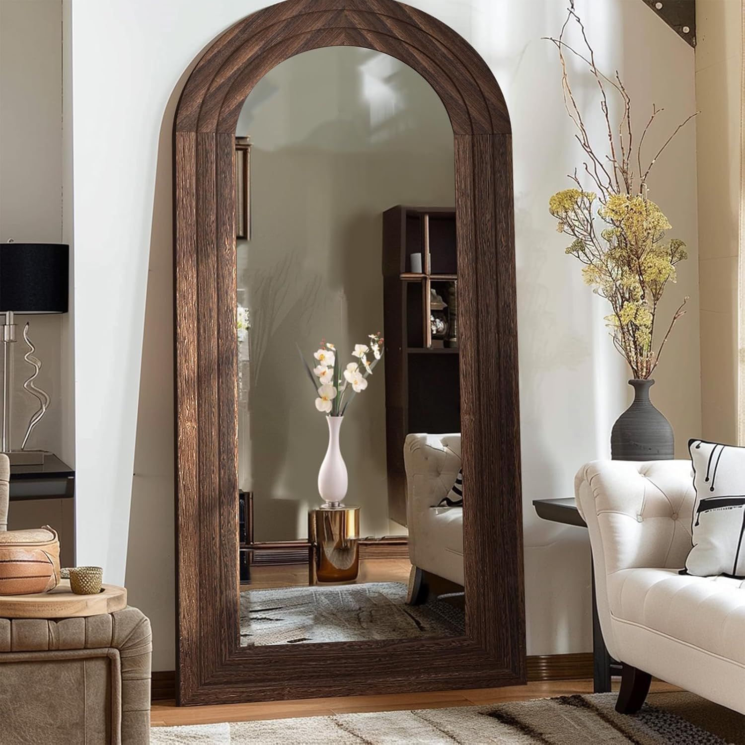 ZHUNFA Large Arched Oak Frame Mirror with Stand - 180x80cm Wall or Floor Use, Brown