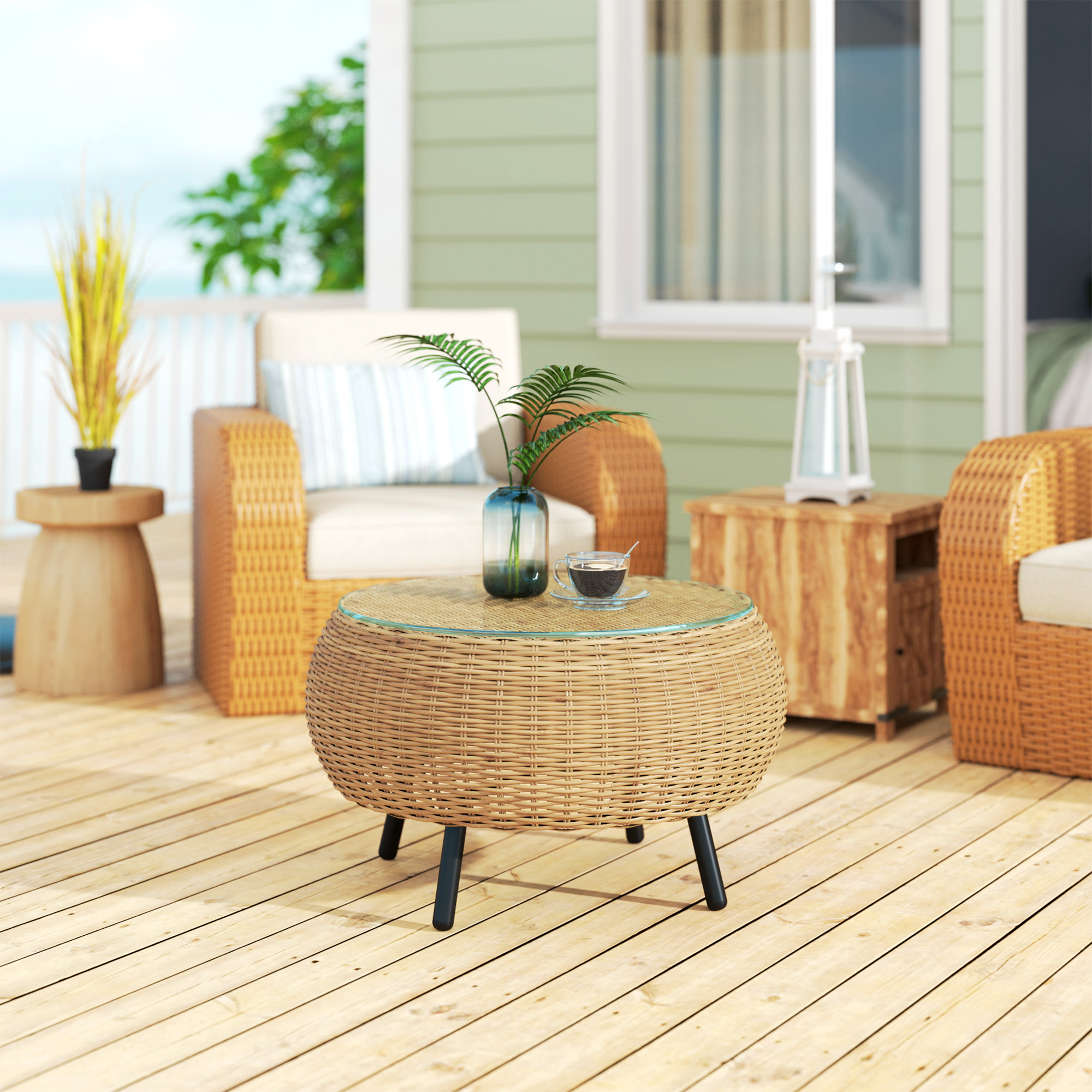 Polyrattan Bijzettafel met Glazen Tafelblad ?75 x 42 cm - Bruin