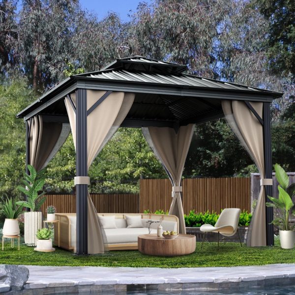 2025 10x10 Hardtop Gazebo with double metal roof, aluminum frame, net, and curtain. All-weather, ideal for patio, deck, garden, backyard. Khaki.
