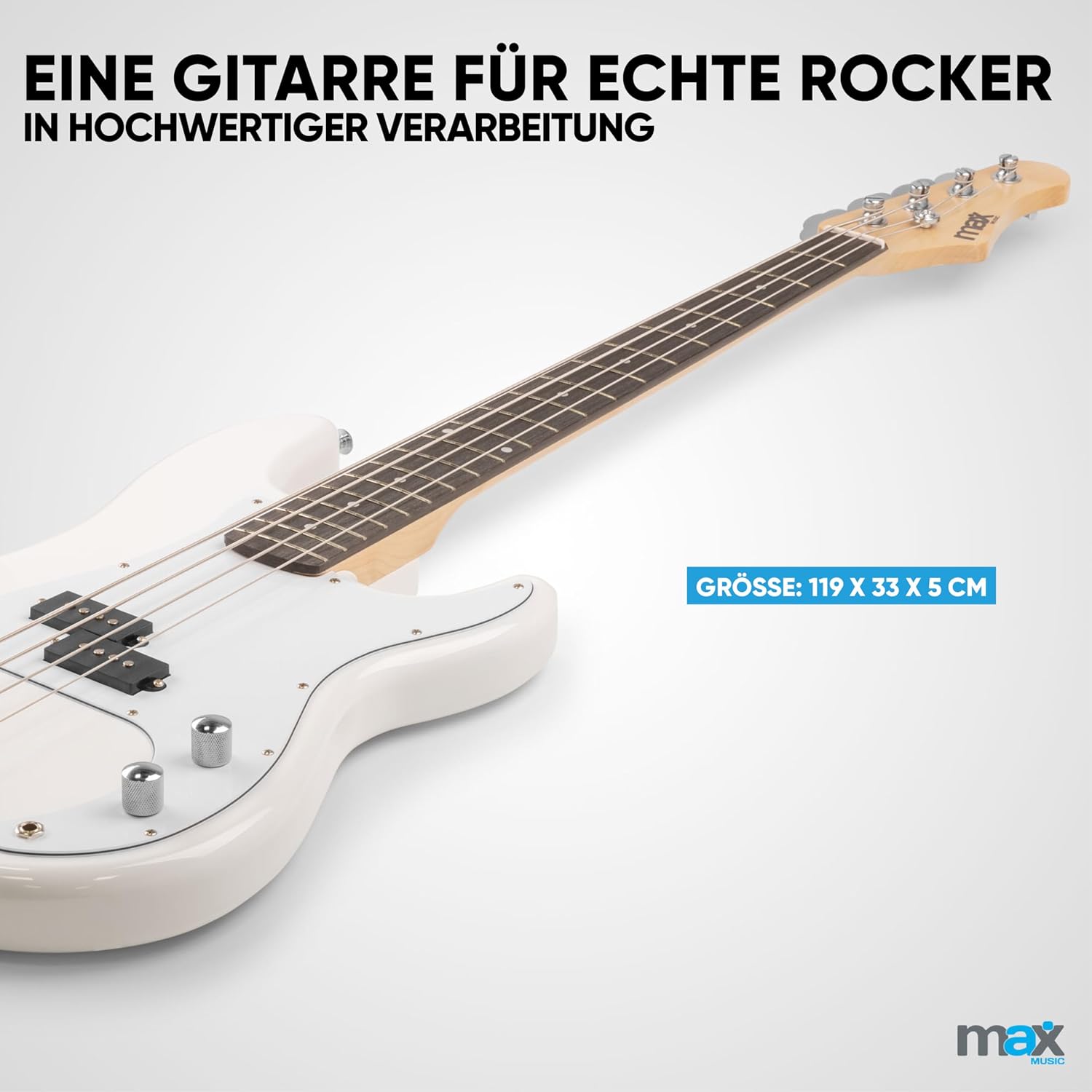 MAX GigKit Bassgitarre Set, E Bass Gitarre, Bass Guitar mit Gitarrenverstärker, Tasche, Stimmgerät, Plektren, Ständer, Gurt, Kabel und Ersatzsaiten - 21 Bünde - Weiß