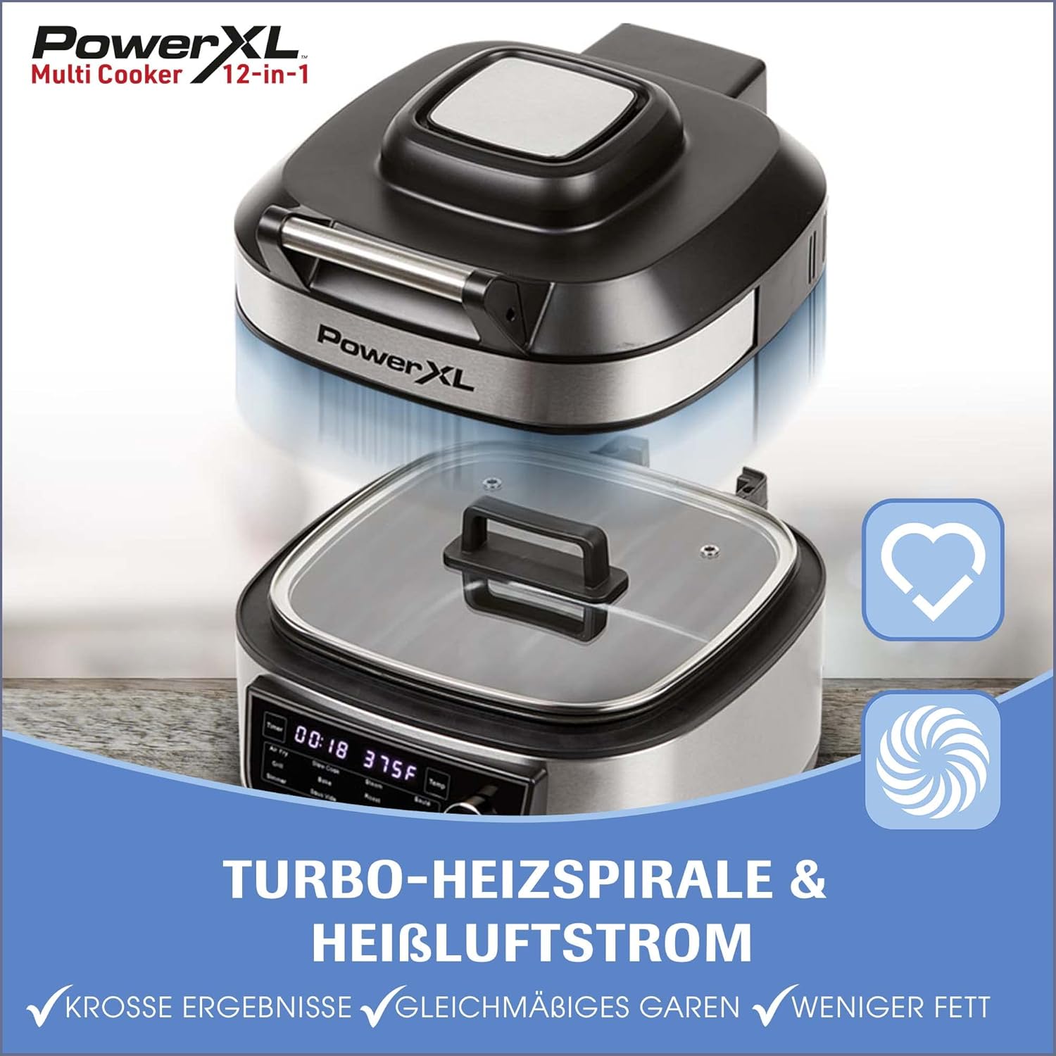 PowerXL MultiCooker - 12 in 1 Multikocher mit Warmhaltefunktion - Heißluftfritteuse, Backofen, Bratpfanne, Reiskocher uvm. - 5,7 Liter Fassungsvermögen - 12 Kochprogramme - Airfryer - Kaloriensparend