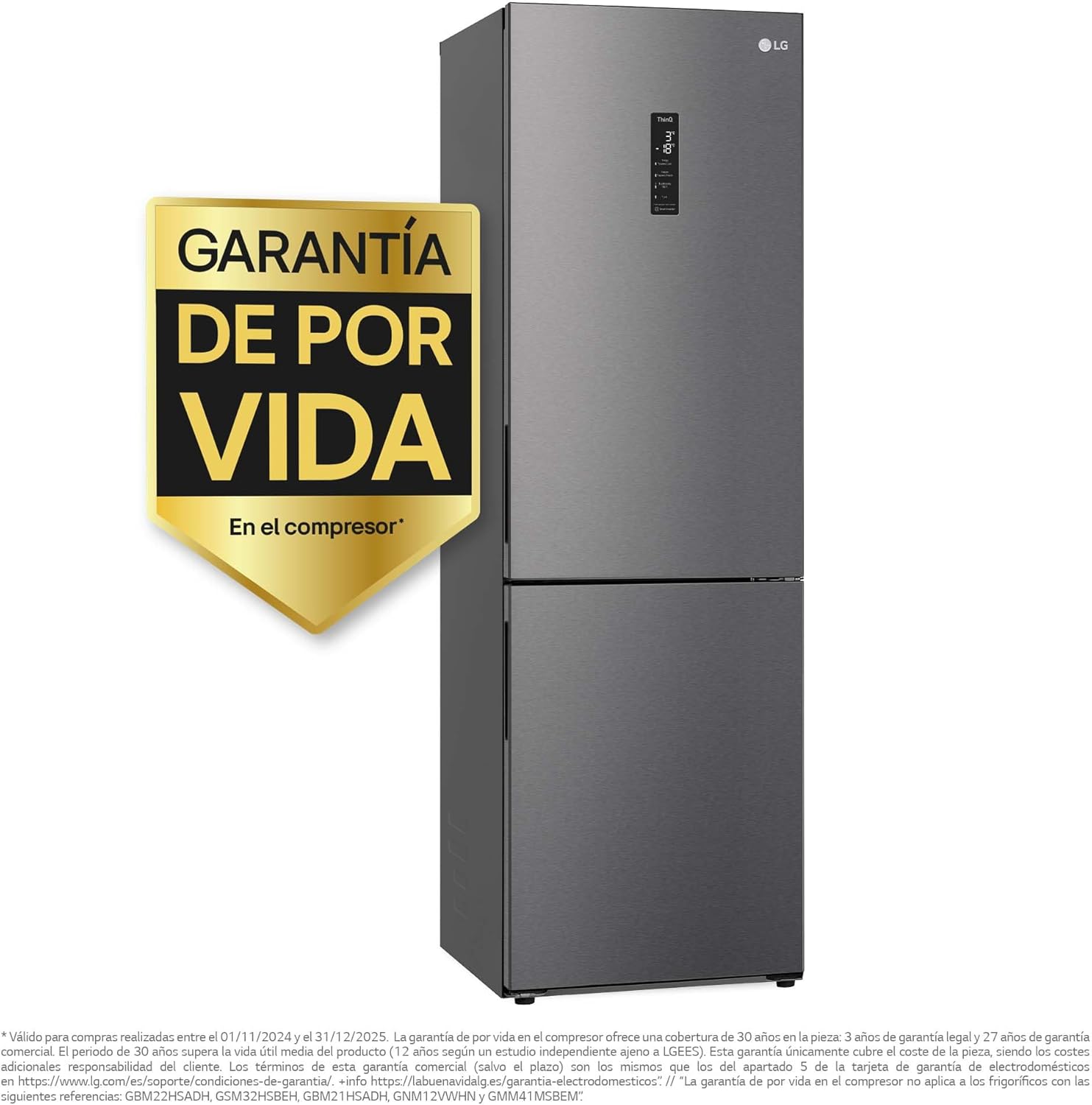 LG GBP61DSXGC - Frigorífico Combi No Frost, Congelador, Compresor Smart Inverter, Color Inox Antihuellas, 186 cm, 341 l