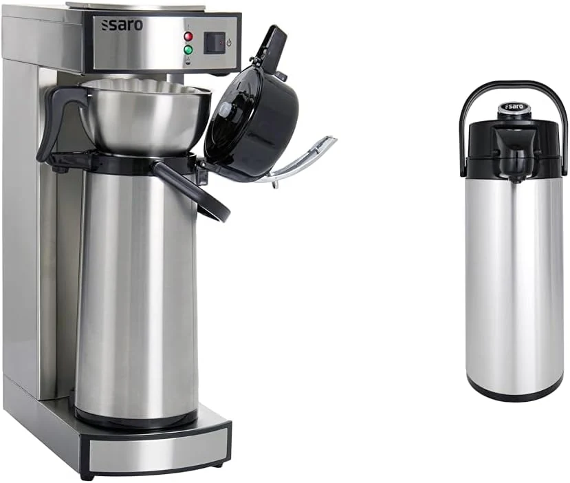 Saro Thermo Kaffeemaschine mit Korbfilter und Thermoskanne Industriekaffeemaschine mit Pumpkanne (2,2 Liter, ca. 10 Tassen Kaffee, Br��h- & Warmhaltefunktion), silber