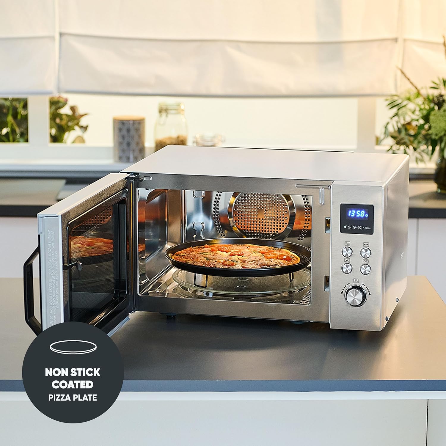 SEVERIN Mikrowelle mit Grill und Heißluftfunktion 3-in-1, zum Auftauen, Garen und Erhitzen, Mikrowelle mit Drehteller, Edelstahl-gebürstet/silber, MW 7774