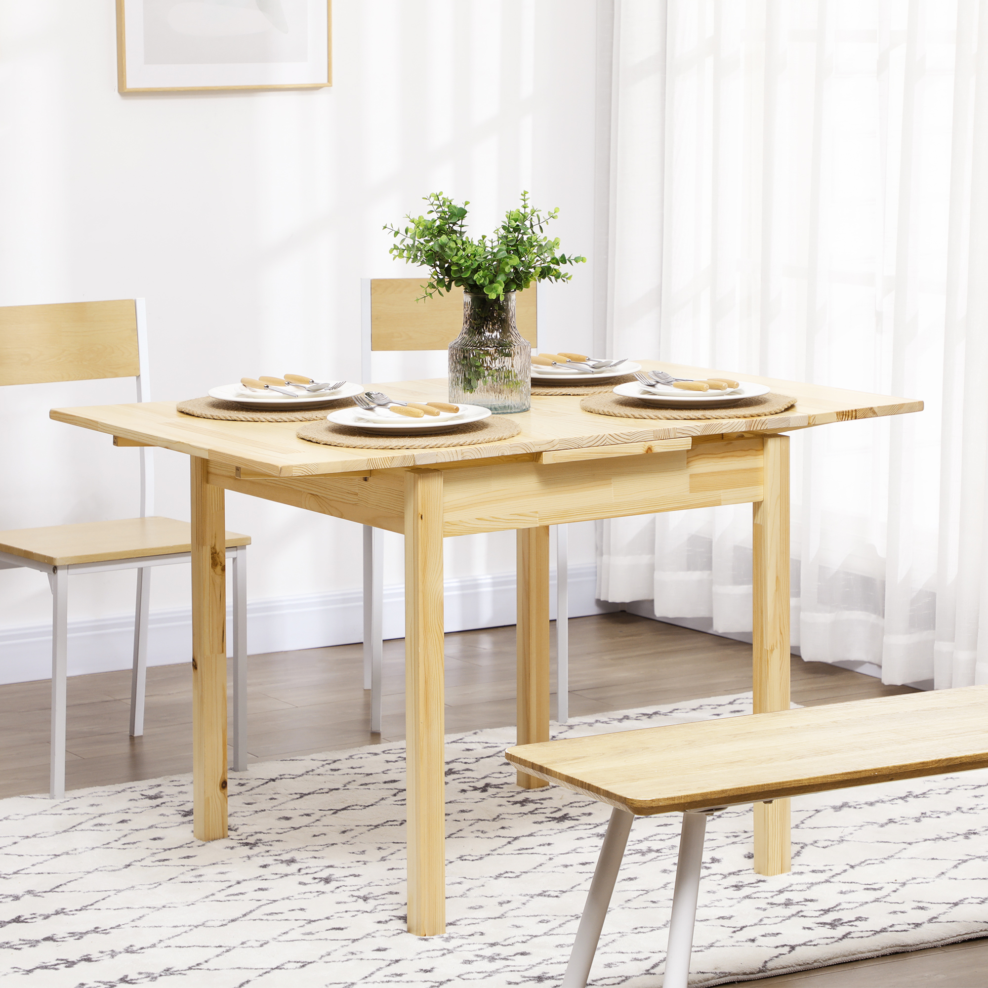 Massief houten eettafel, opklapbare tafel, uitbreidbaar, naturel