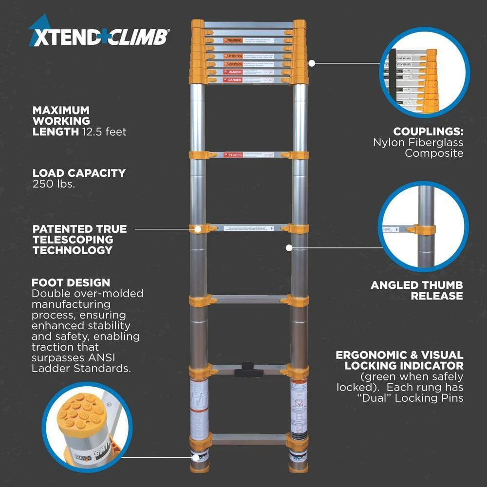 2025 XTEND + CLIMB Compact Uitschuifbare Ladder 3,8 m - Telescopisch Aluminium - Draagvermogen 113 kg
