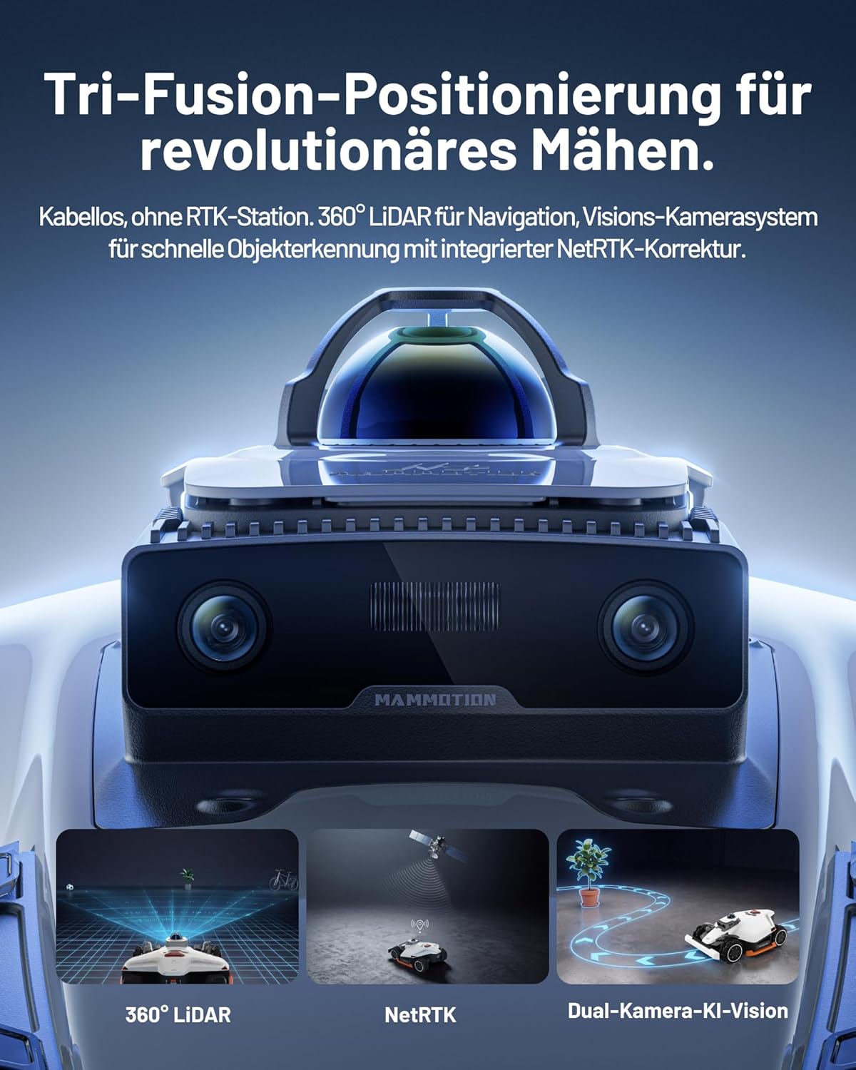 MAMMOTION LUBA 3 AWD 3000 Mähroboter ohne Begrenzungskabel für 3000m2, 360° LiDAR+NetRTK+KI Vision Tri-Fusion-Positionierung, AWD für 80% Steigungen, Keine RTK-Basisstation, bis zu 30 Zonen, 12Ah Akku