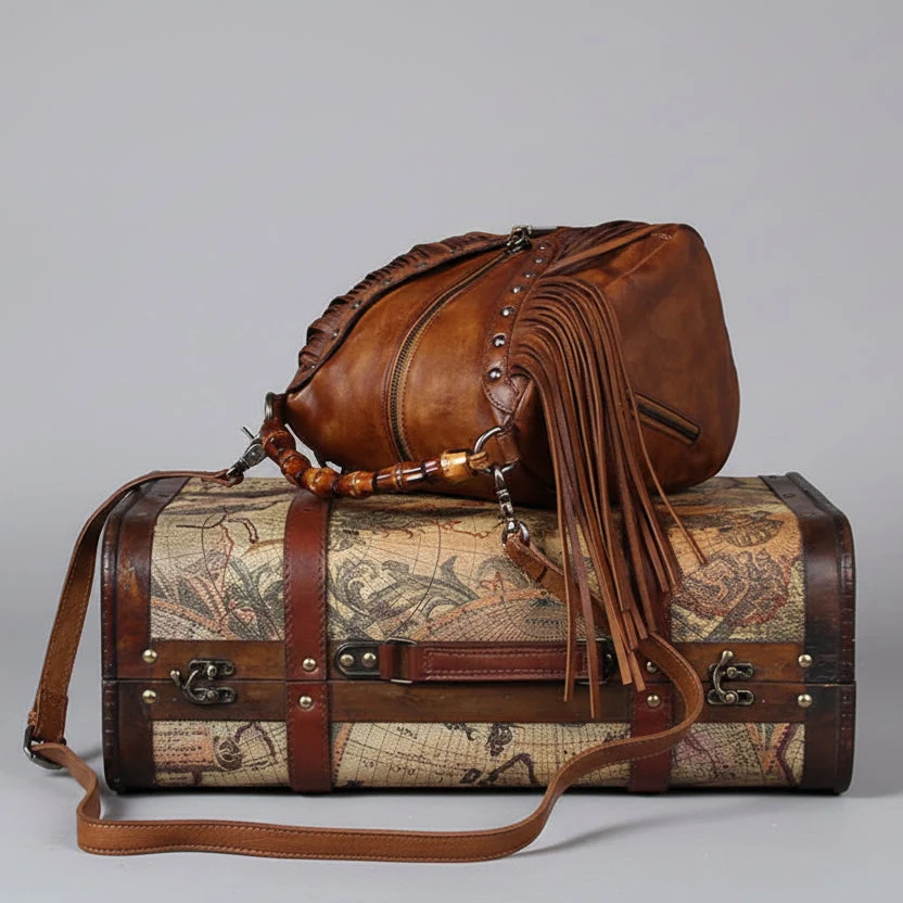 Full Grain Leather Fringe Handbag with Bamboo Handle