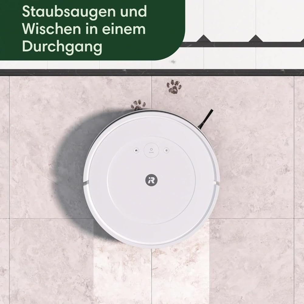 iRobot Roomba Combo Essential Saug- und Wischroboter (Y0112), leistungsstarkes Saugen und Wischen, 4-Stufen-Reinigungssystem, 3 Saugstufen, Spot-Cleaning, steuerbar über App, Tasten oder Sprache, Wei
