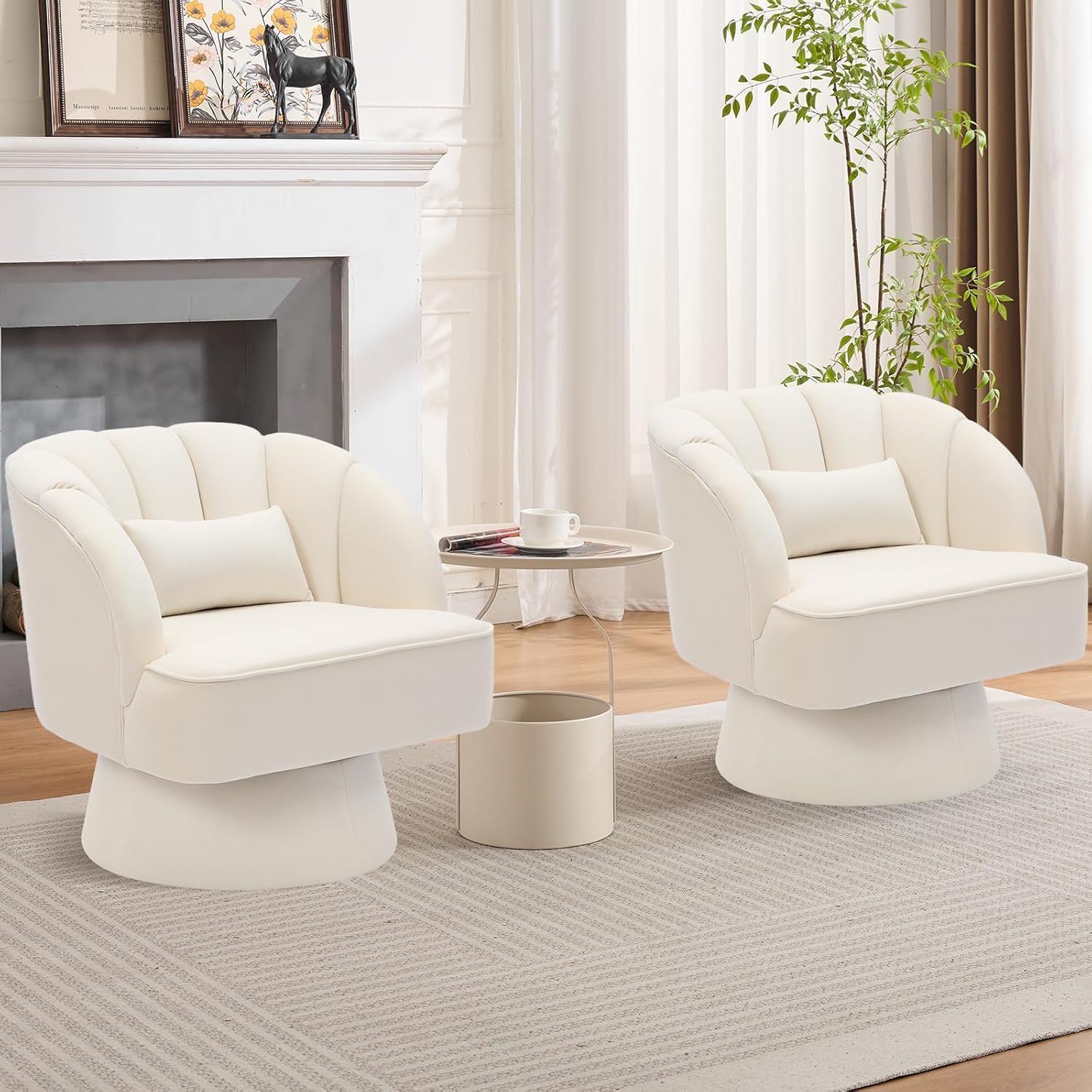 Moderner Drehsessel, 360 Grad Samt gepolsterter Sessel mit gestreifter Rückenlehne & Plüschpolsterung, bequemer runder Sessel für Wohnzimmer, Schlafzimmer, Leseecke, Beige