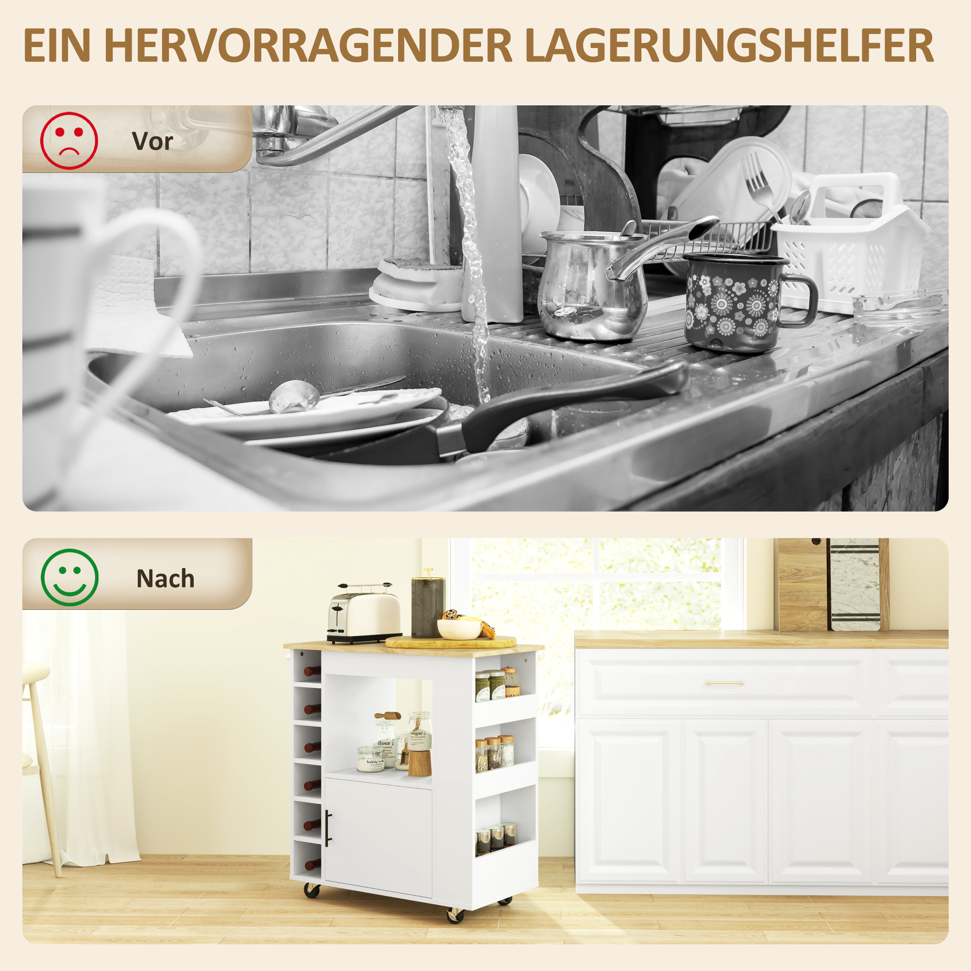 HOMCOM Keukentrolley, Rolbare Keukeneiland, Keuken-Trolley met Vakken, Wijnrekken, Kast en Werkblad, Wit