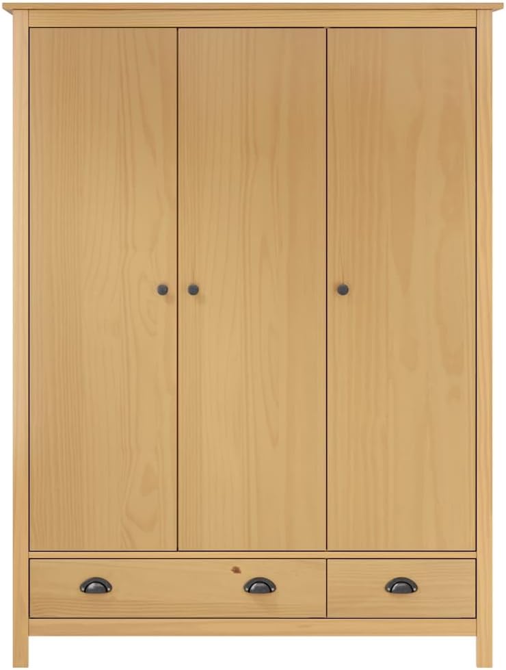 Kiefernholz Massiv Kleiderschrank mit 3 Türen 2 Schubladen Garderobenschrank Holzschrank Schrank Schlafzimmerschrank 127x50x170cm,Braun