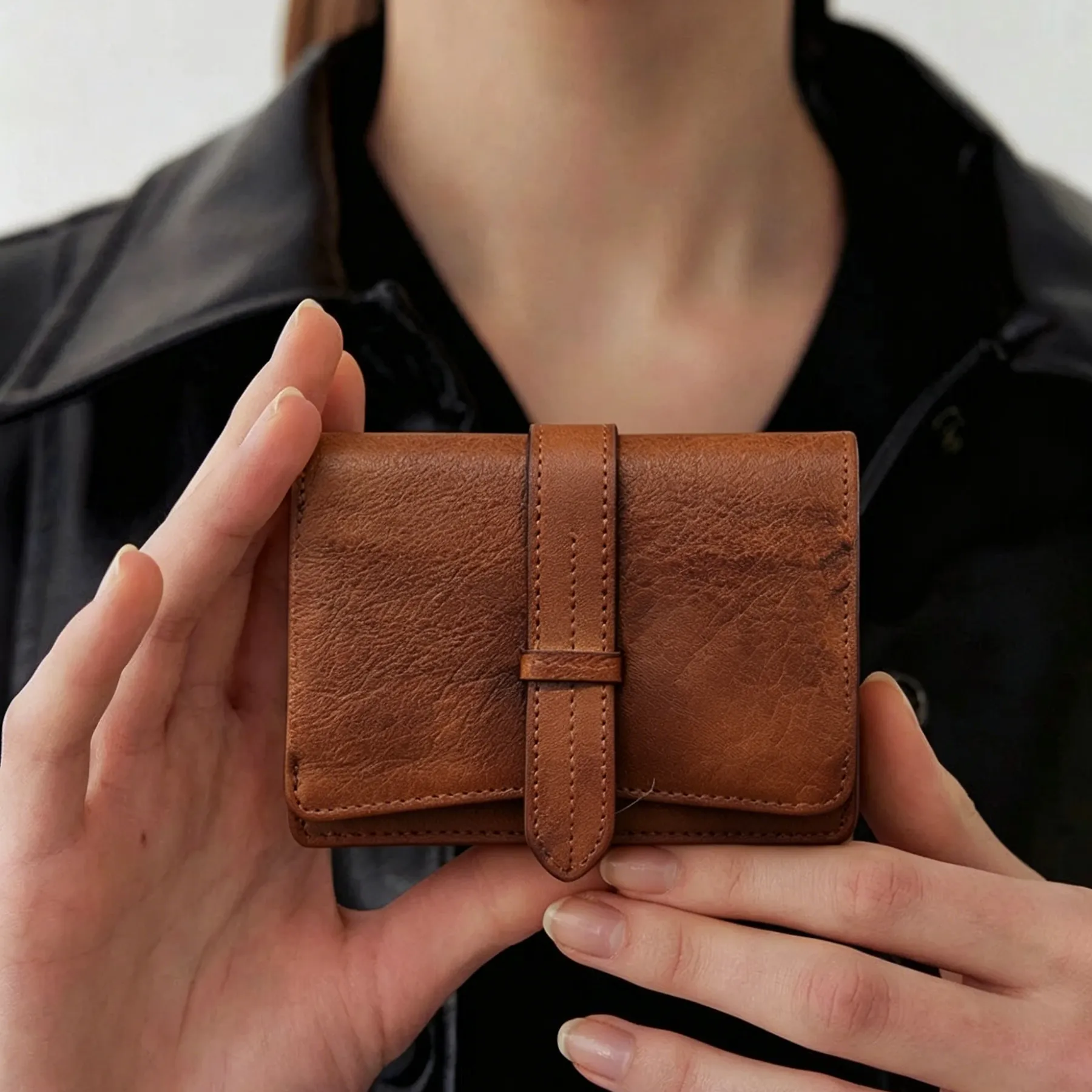 Personalized Full-Grain Leather Bifold Wallet with Strap Closure