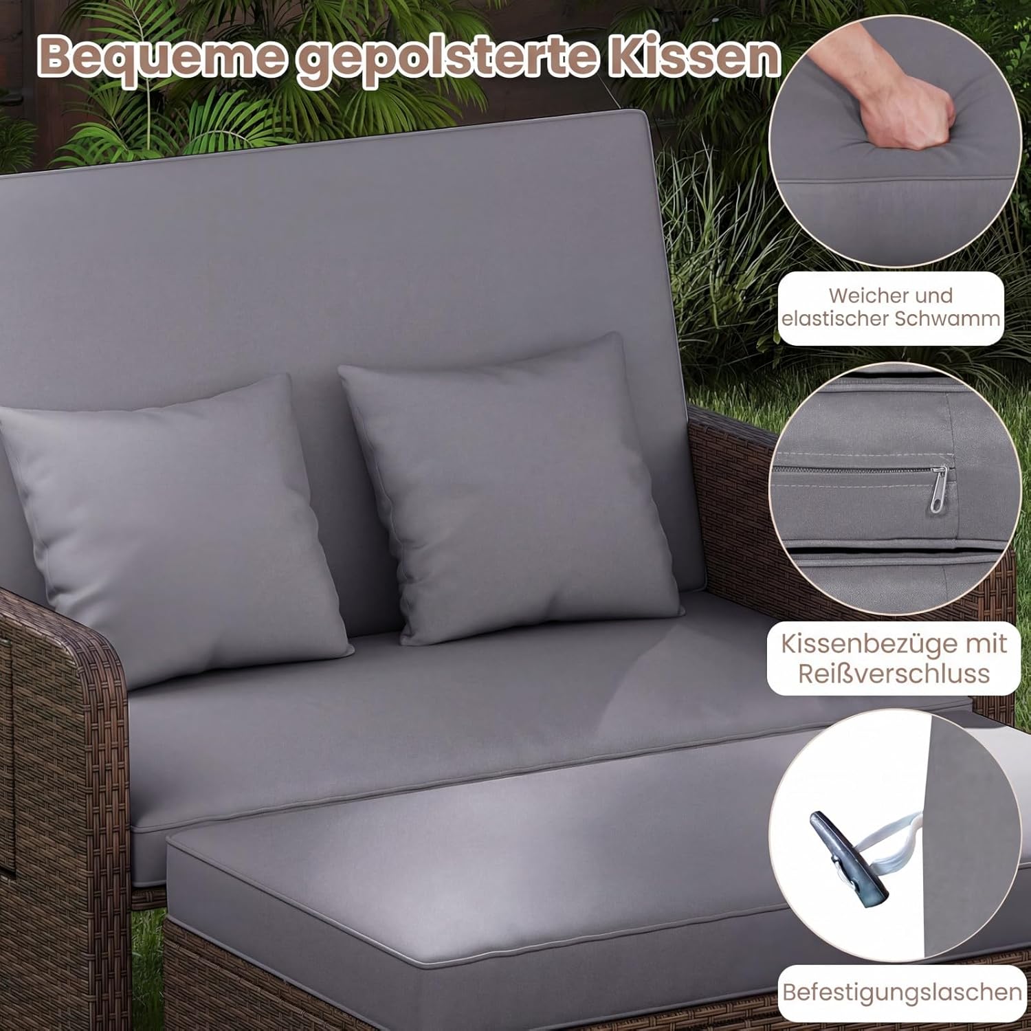 COSTWAY 3 in 1 Polyrattan Sonnenliege, Gartenliege mit Verstellbarer Rückenlehne & Seitenablagen, Loungebett, Doppelliege mit Kissen, Gartensofa mit Liegefunktion, Hocker & Stauraum (Grau)