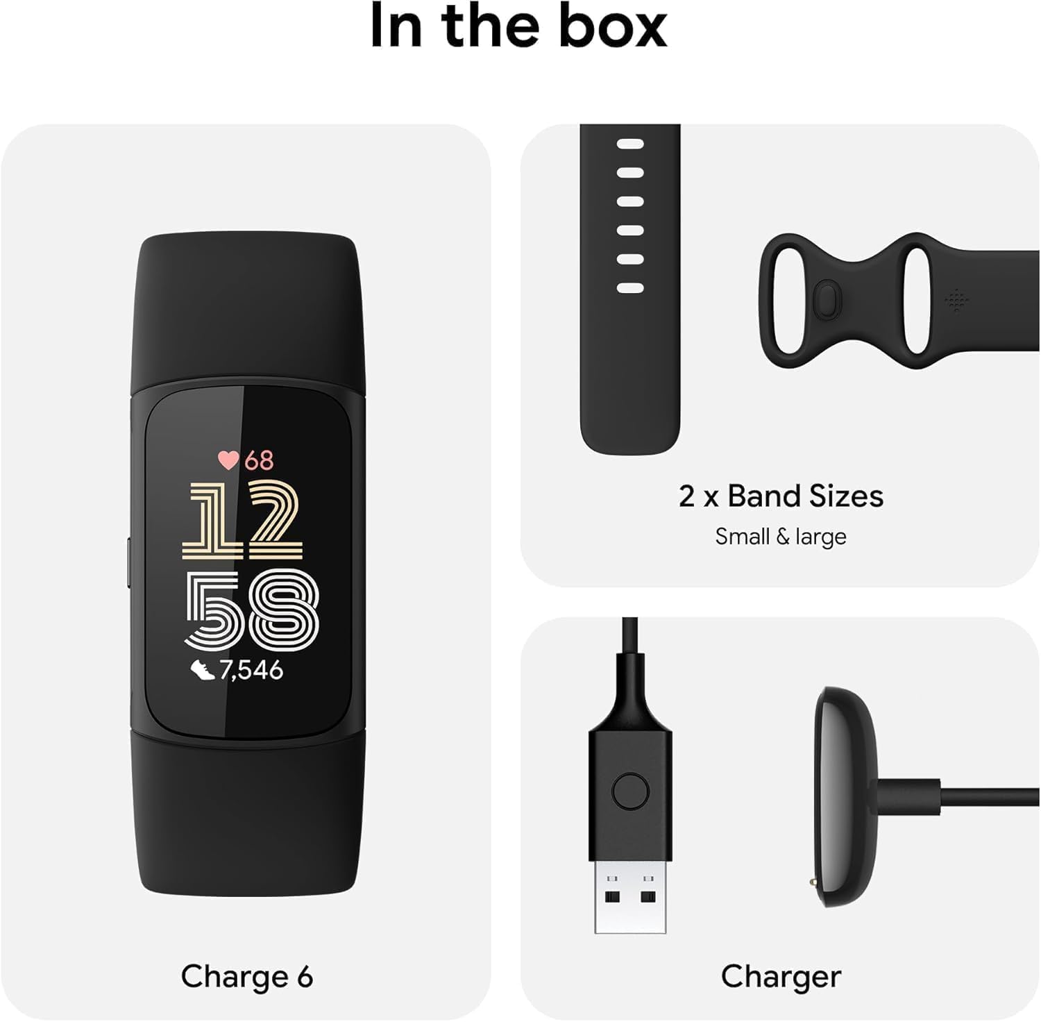 Fitbit Charge 6 Fitness Tracker (Bundle) - Schwarz/Obsidian - Herzfrequenz, GPS, Schlaf- & Stress-Tracking + Schnellladegerät & Reinigungstuch (Koralle)