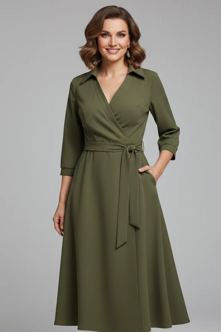 Damen Midi-Kleid mit V-Ausschnitt und Reverskragen | Langarm A-Linien Kleid mit Bindeg��rtel und Schlitz | Klassisches Midikleid
